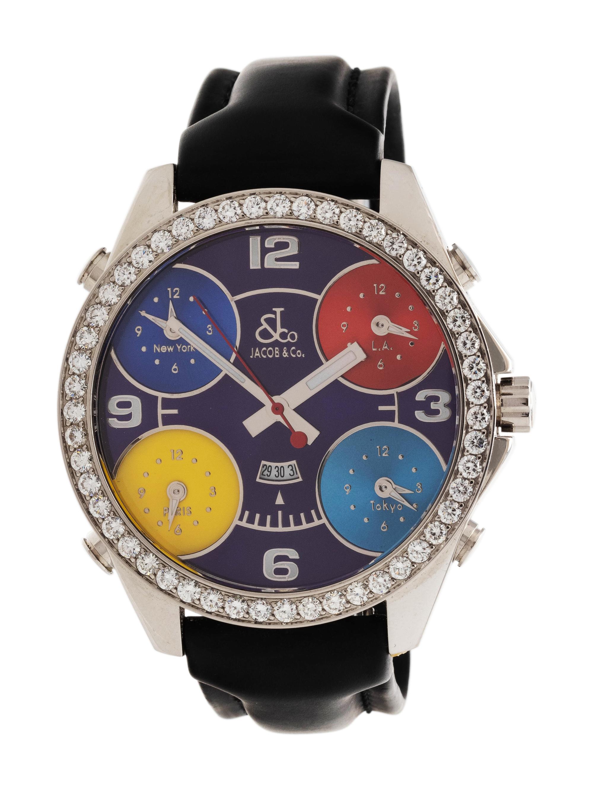 JACOB & CO., STAINLESS STEEL AND DIAMOND 'FIVE TIME ZONE' WRISTWATCH