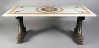 An Italian Pietra Dura and Steel Table, Height 30 x width 74 x depth 37 inches.