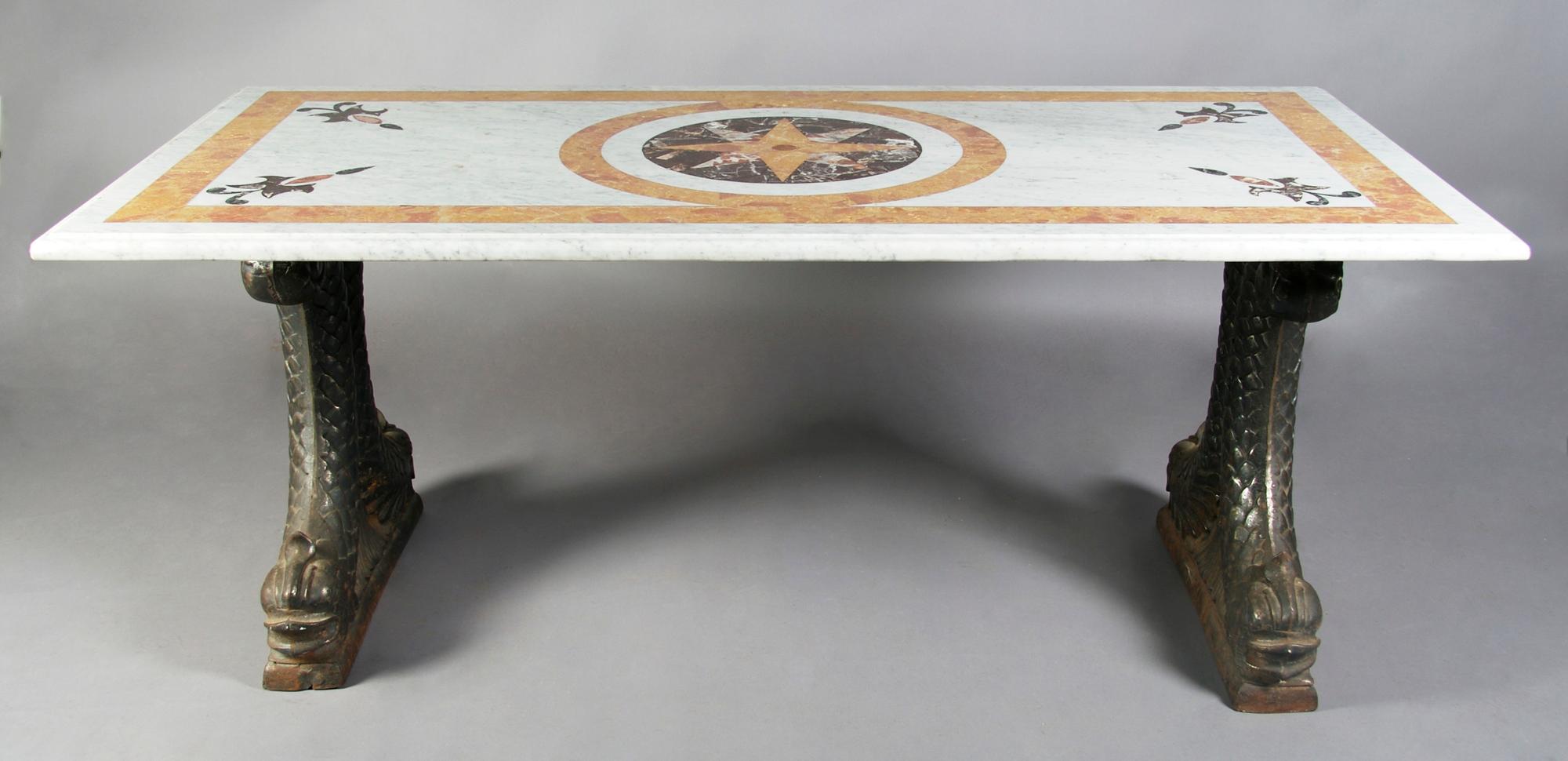 An Italian Pietra Dura and Steel Table, Height 30 x width 74 x depth 37 inches.