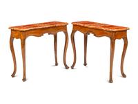 A Pair of Italian Walnut Bi-Color Marble-Top Console Tables