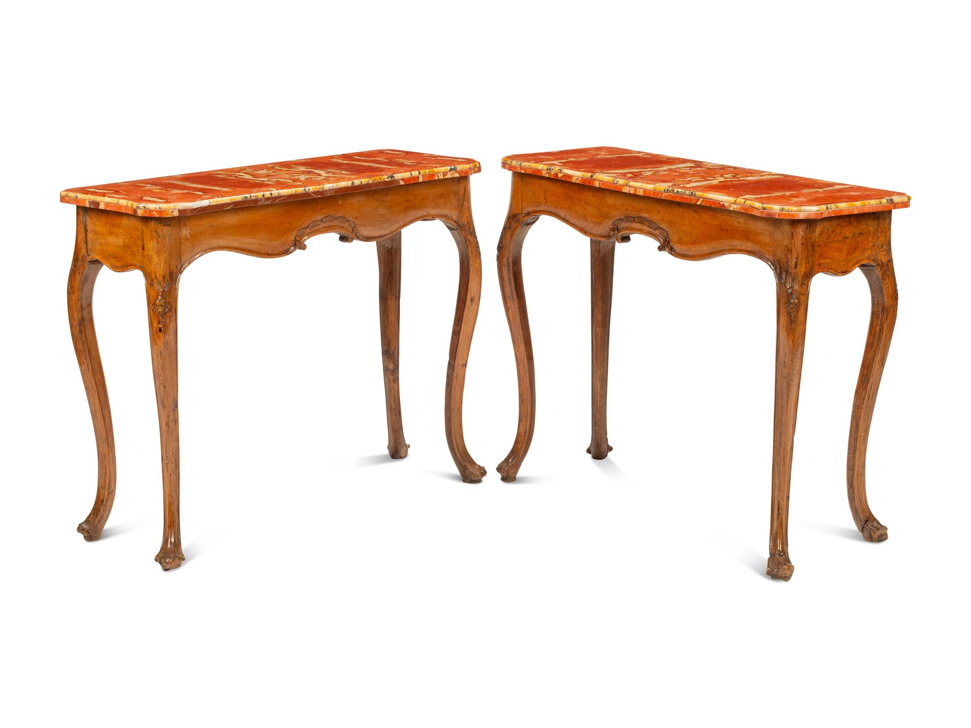 A Pair of Italian Walnut Bi-Color Marble-Top Console Tables