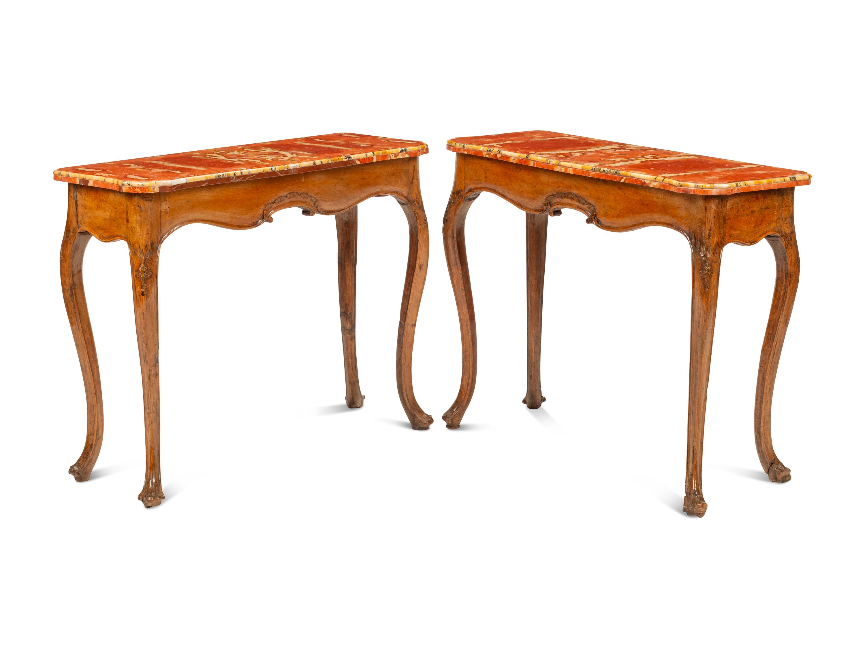 A Pair of Italian Walnut Bi-Color Marble-Top Console Tables