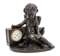 A Continental Bronze Figural Mantel Clock Height 16 1/4 x width 16 1/2 inches. — 19TH CENTURY