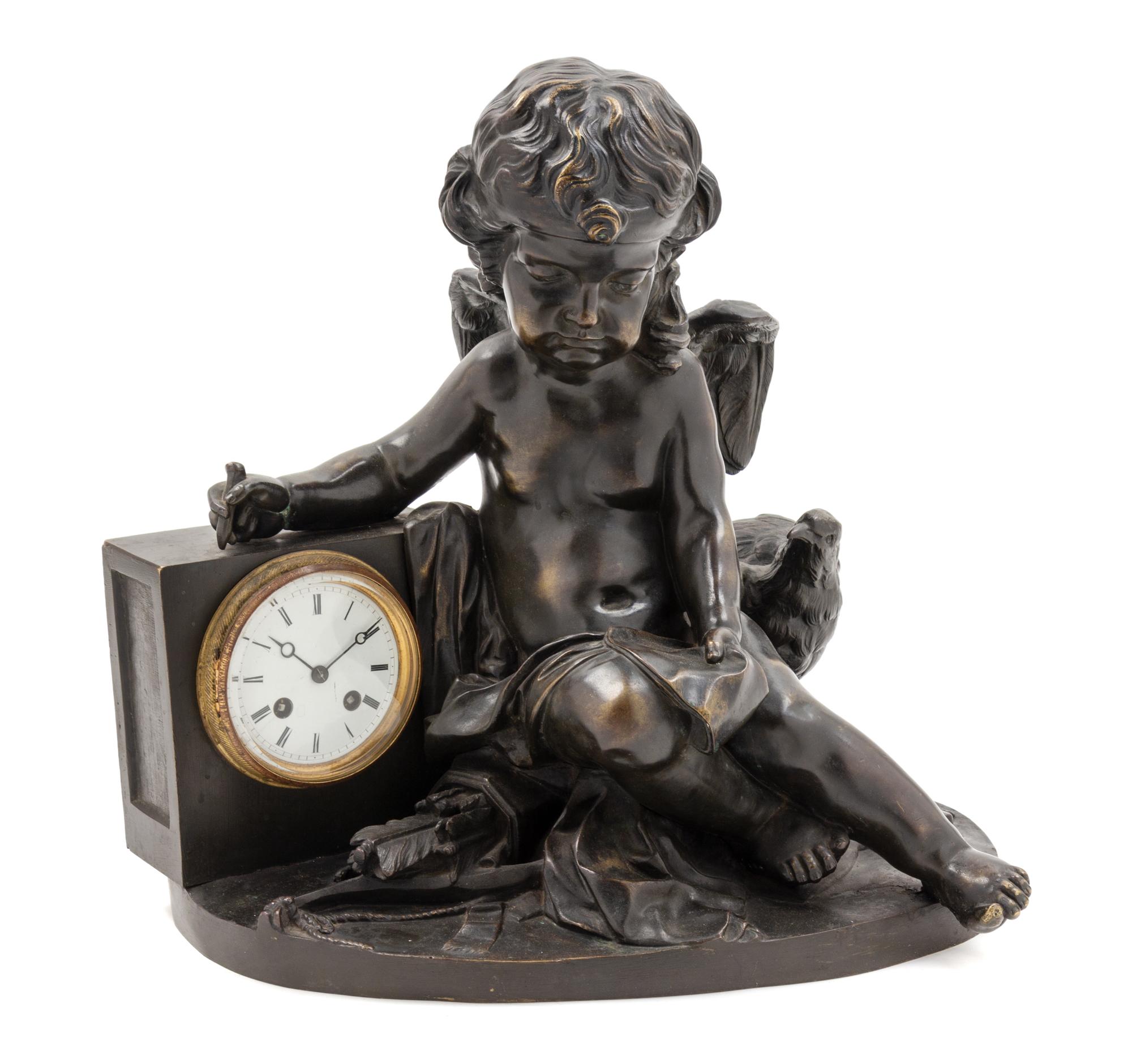 A Continental Bronze Figural Mantel Clock Height 16 1/4 x width 16 1/2 inches. — 19TH CENTURY