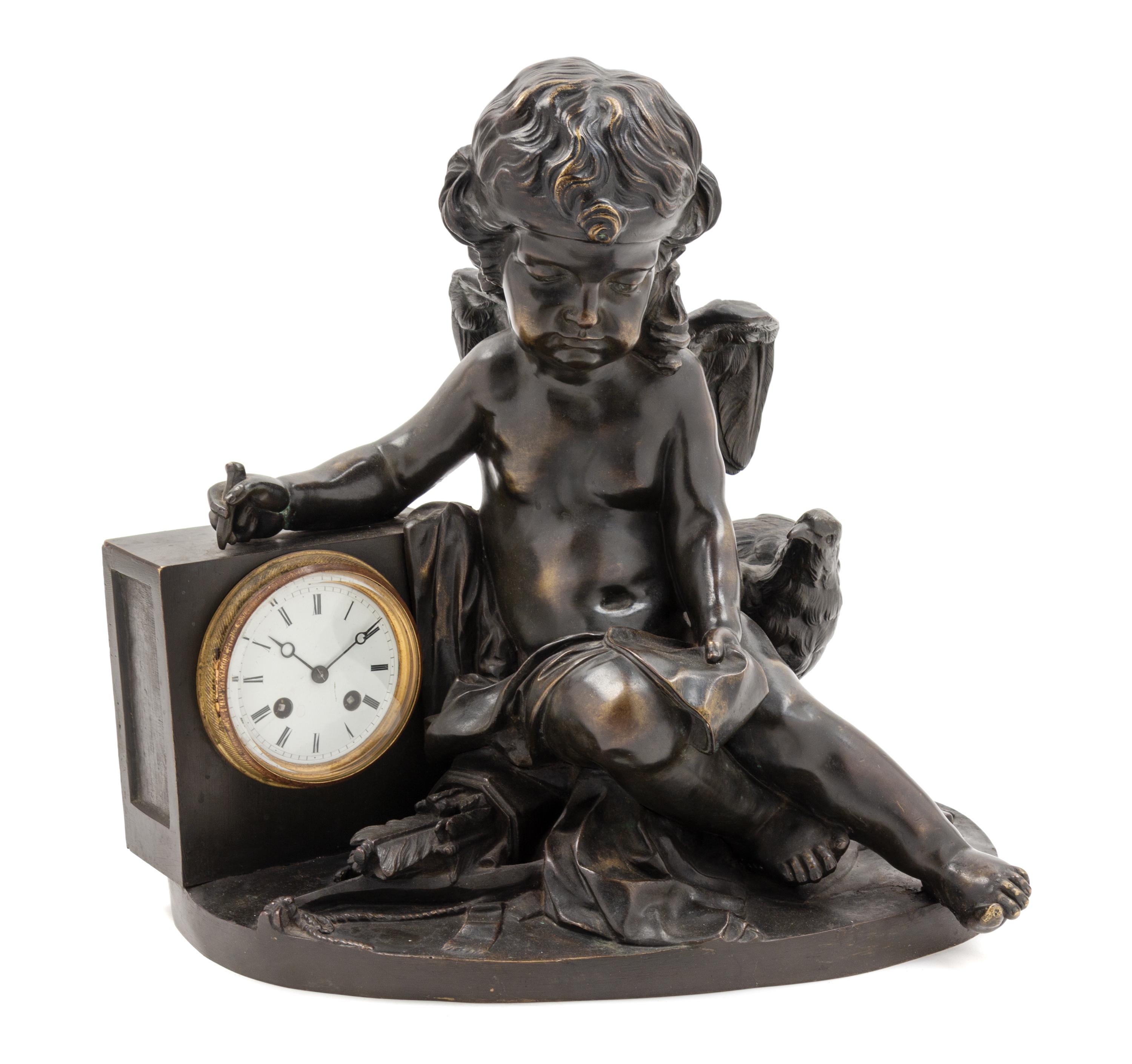 A Continental Bronze Figural Mantel Clock Height 16 1/4 x width 16 1/2 inches. — 19TH CENTURY