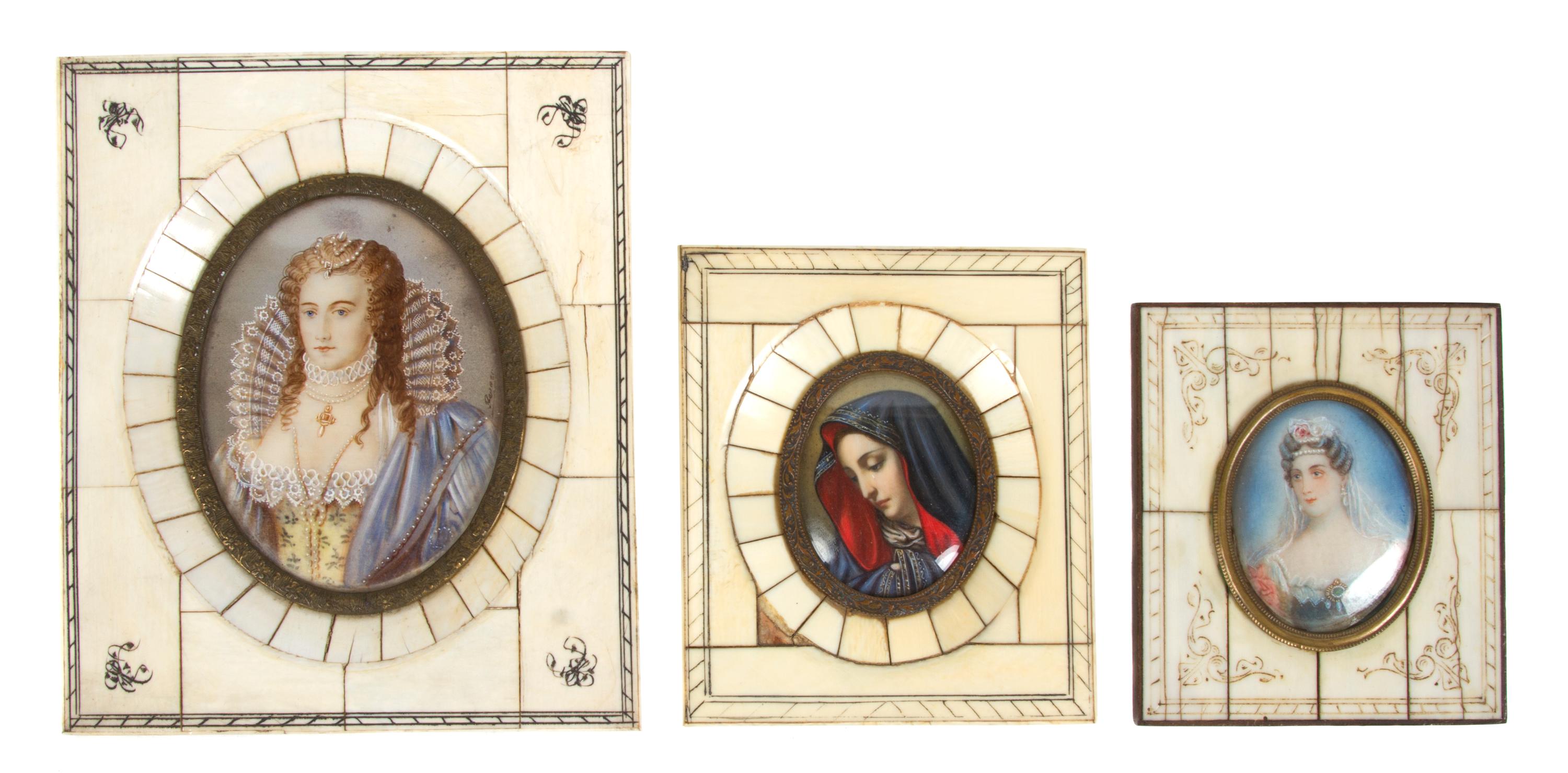 Three Continental Portrait Miniatures, Height of largest 5 3/8 x width 4 5/8 inches.