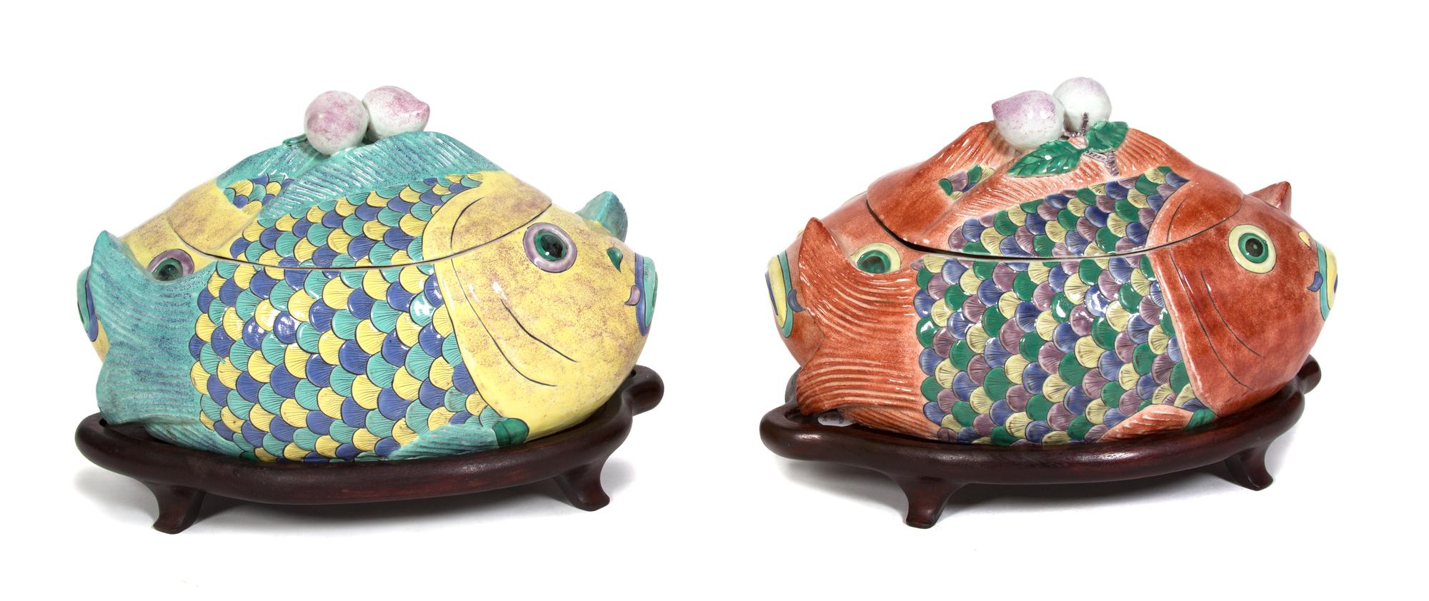 Two Chinese Export Double Fish-Form Tureens Height 12 x width 16 x depth 9 1/2 inches. — 20TH CENTURY