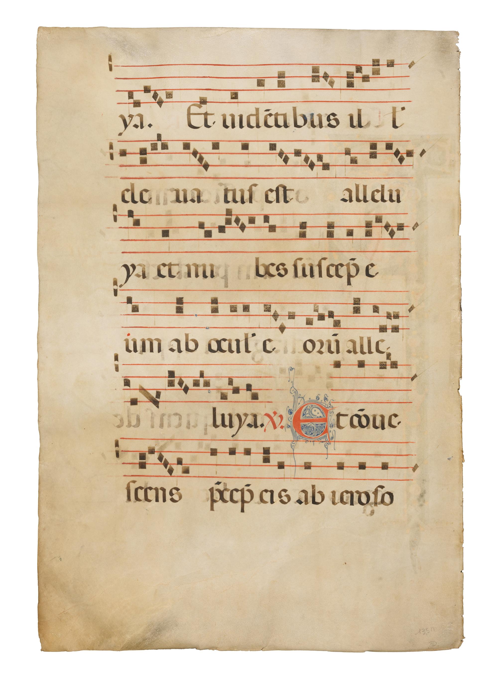 MASTER OF SANT’ALESSIO IN BIGIANO (active ca. 1275–1300) Leaf with a historiated initial ‘P’ of The Ascension from an Antiphonary, in Latin, illuminated manuscript on parchment [Florence, ca. 1280–1285]