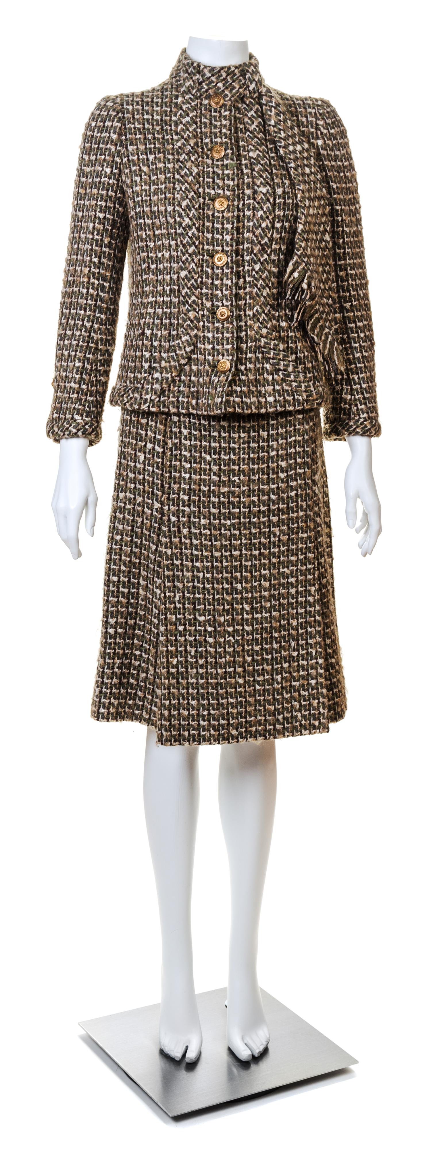 A Chanel Haute Couture 1950s Boucle Skirt Suit, No size; Belt: 26"- 28" x .75".