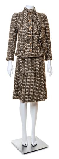A Chanel Haute Couture 1950s Boucle Skirt Suit, No size; Belt: 26"- 28" x .75".