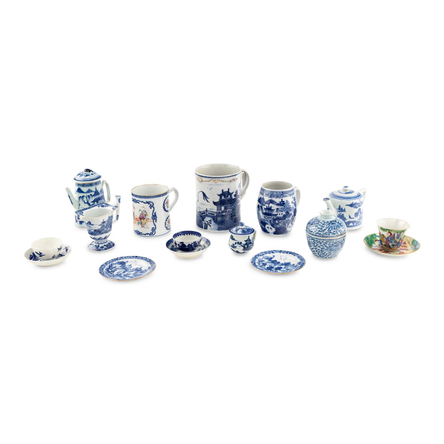 A Collection of Chinese Export Blue and White Porcelain Tea Articles
