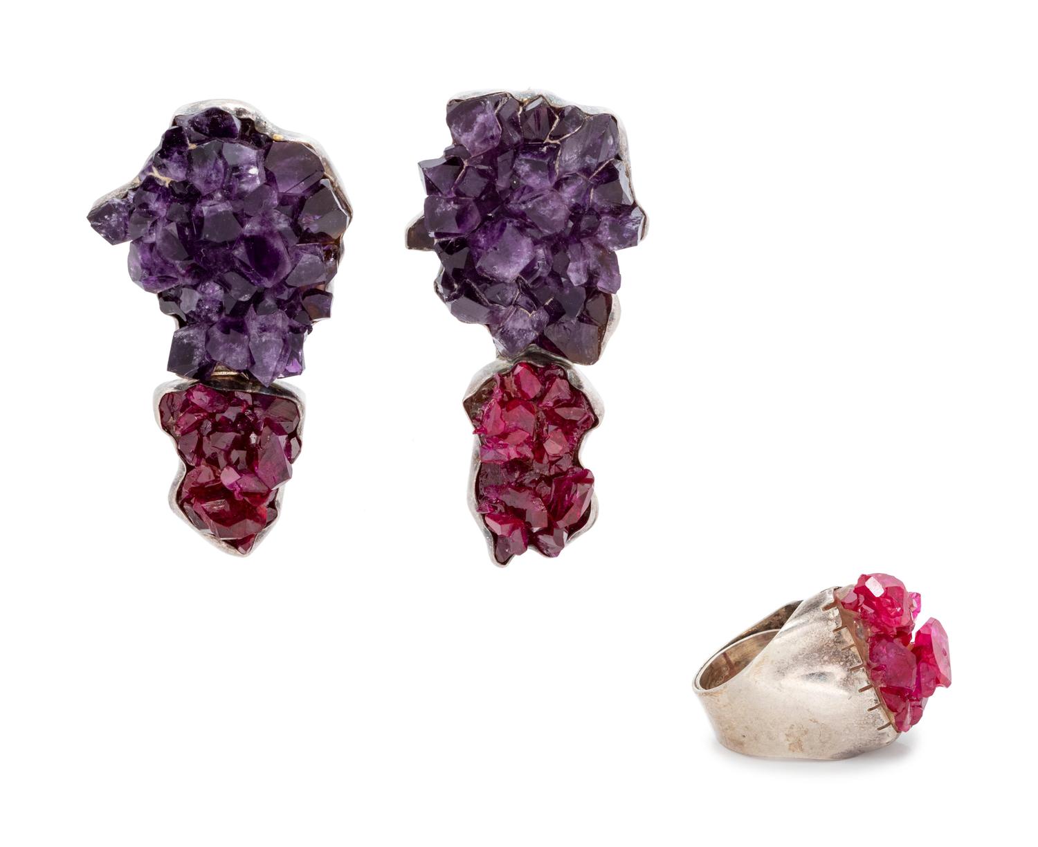 A Collection of Sterling Silver, Amethyst and Synthetic Ruby Crystal Jewelry, Rebecca Collins,