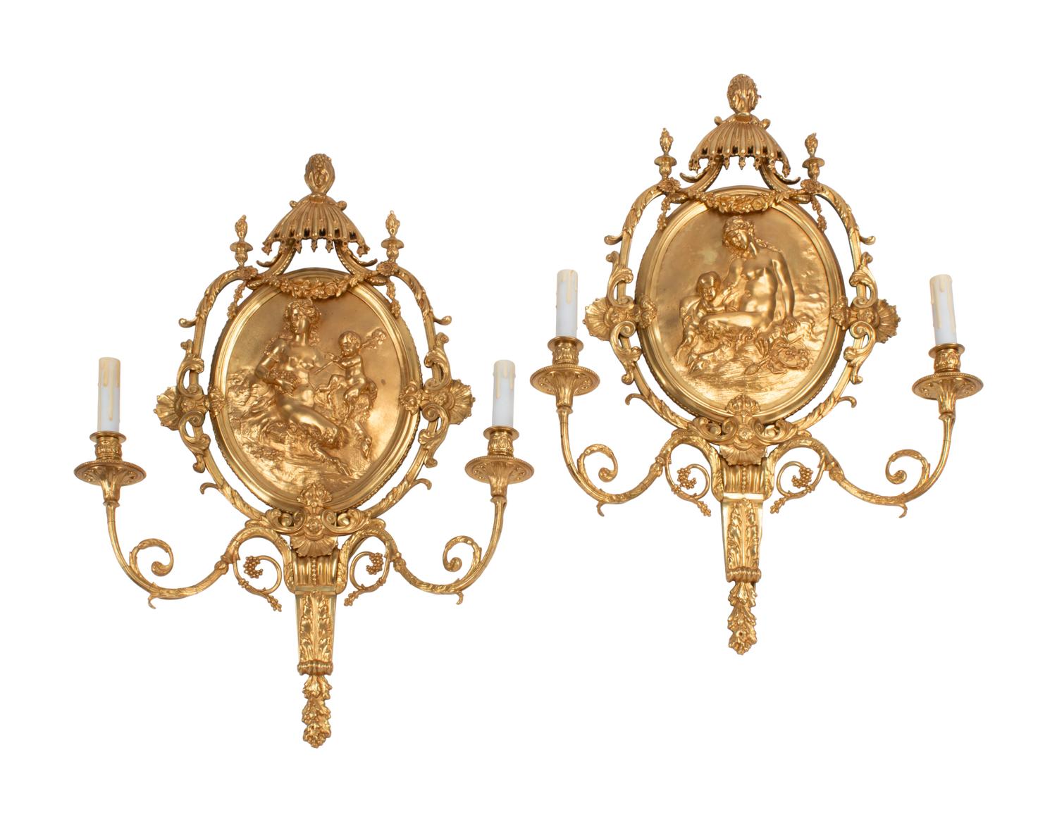 A Pair of French Neoclassical Style Gilt Bronze Two-Light Sconces