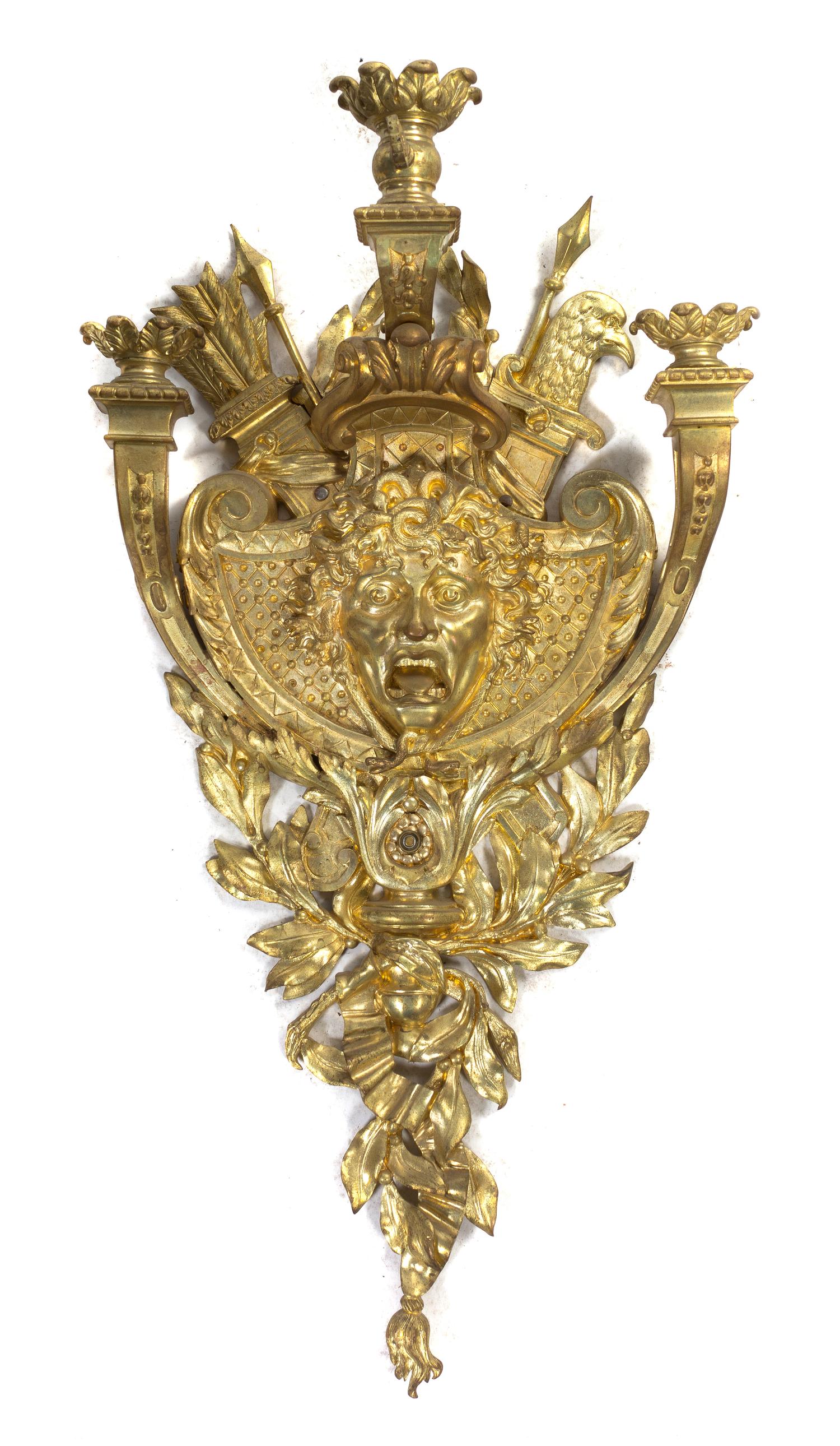 A Neoclassical Gilt Bronze Three-Light Sconce, Height 29 1/4 inches.