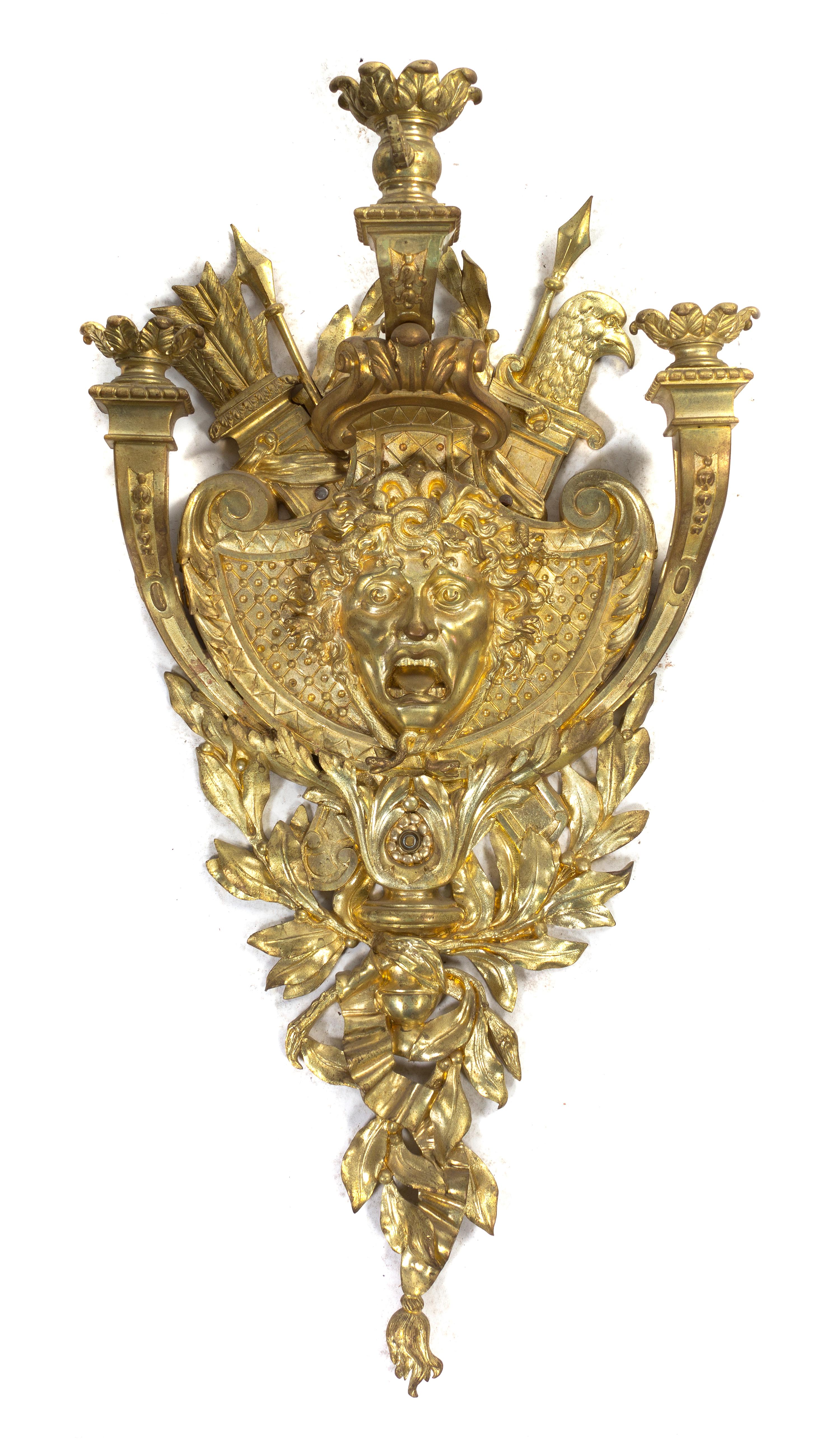 A Neoclassical Gilt Bronze Three-Light Sconce, Height 29 1/4 inches.