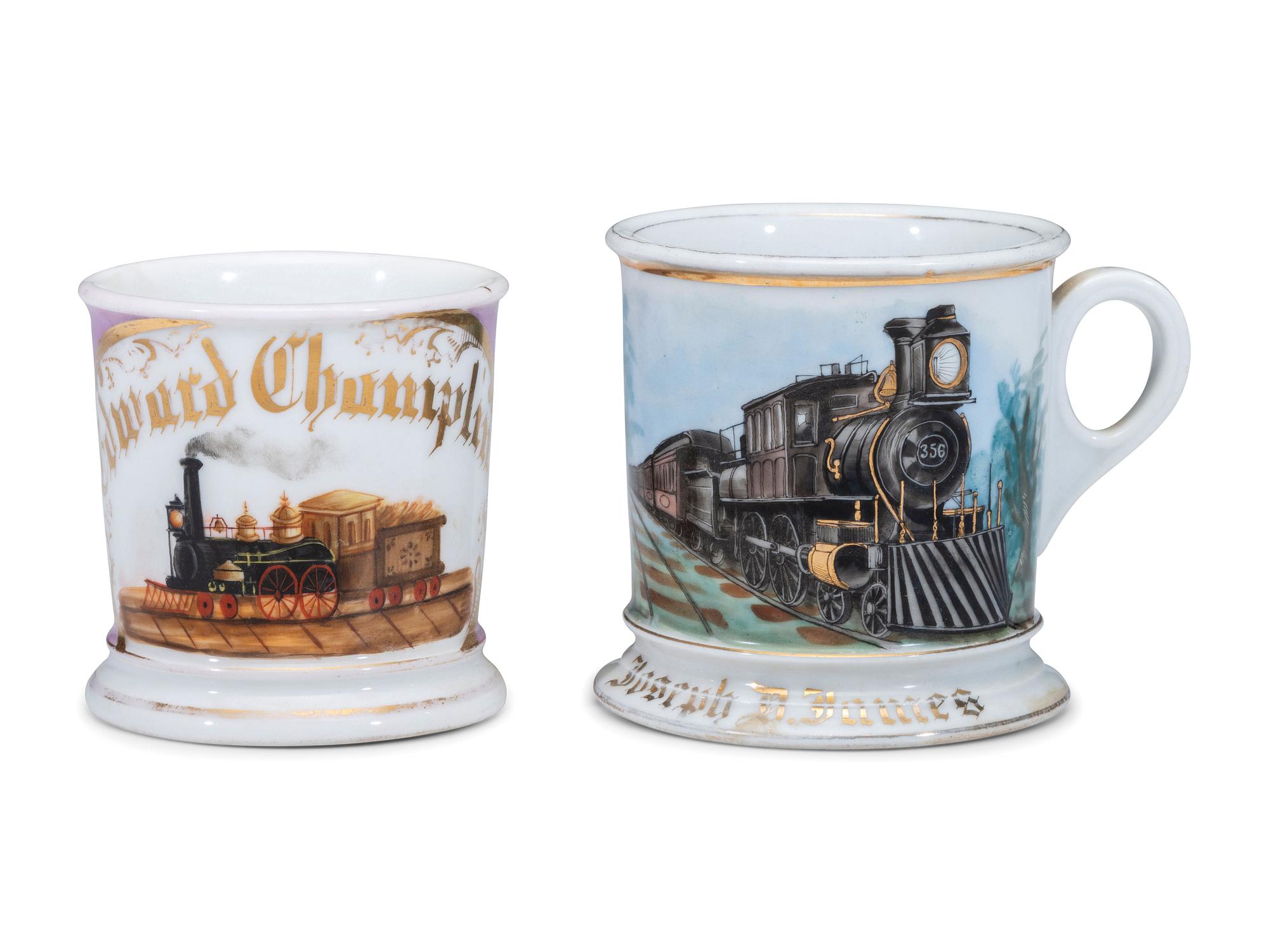 Two Railroad Worker's Porcelain Occupational Shaving Mugs