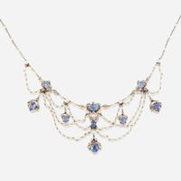 A cultured pearl, sapphire, diamond, platinum topped-gold, and fourteen karat white gold necklace