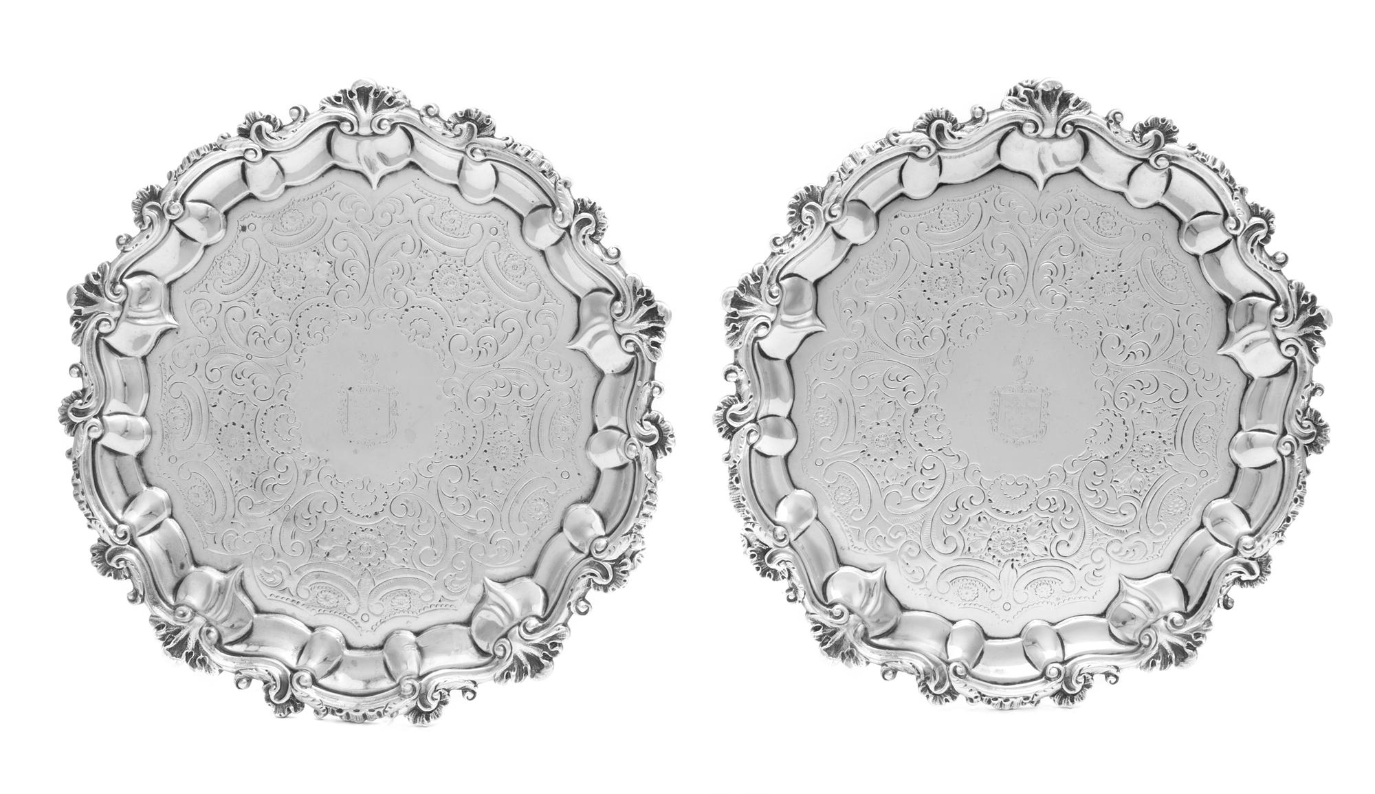 A Pair of George III Silver Waiters, William Fountain, London, 1818, each circular border with rocaille work spaced by shells, the cent