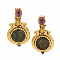 Yellow Gold, Tourmaline, and Coin Earrings