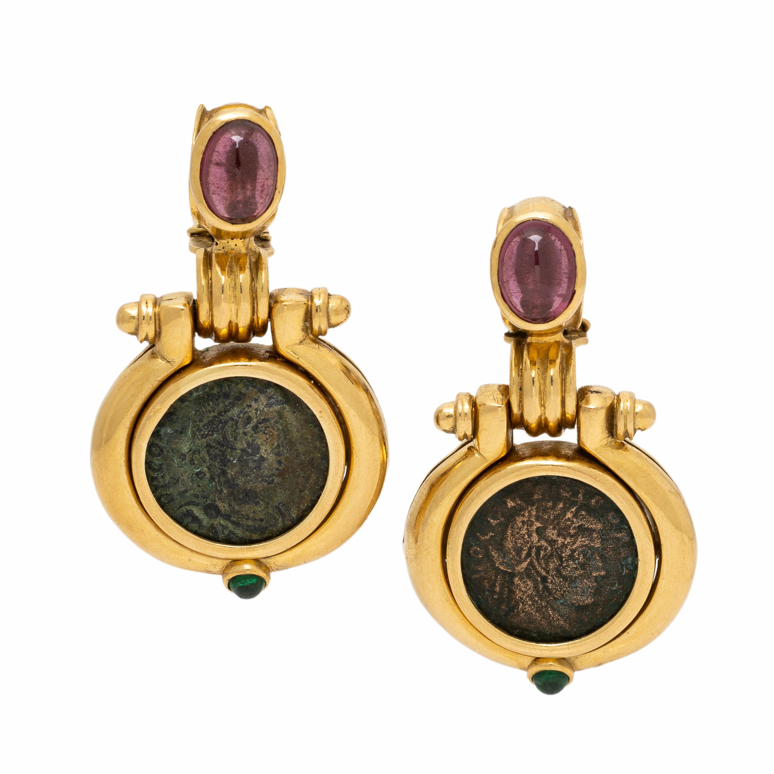 Yellow Gold, Tourmaline, and Coin Earrings
