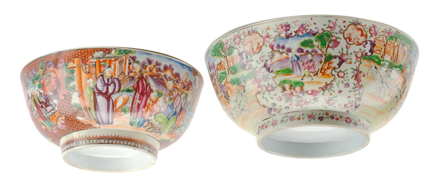 Two Chinese Mandarin Palette Porcelain Bowls Diameter 11 1/2 inches.