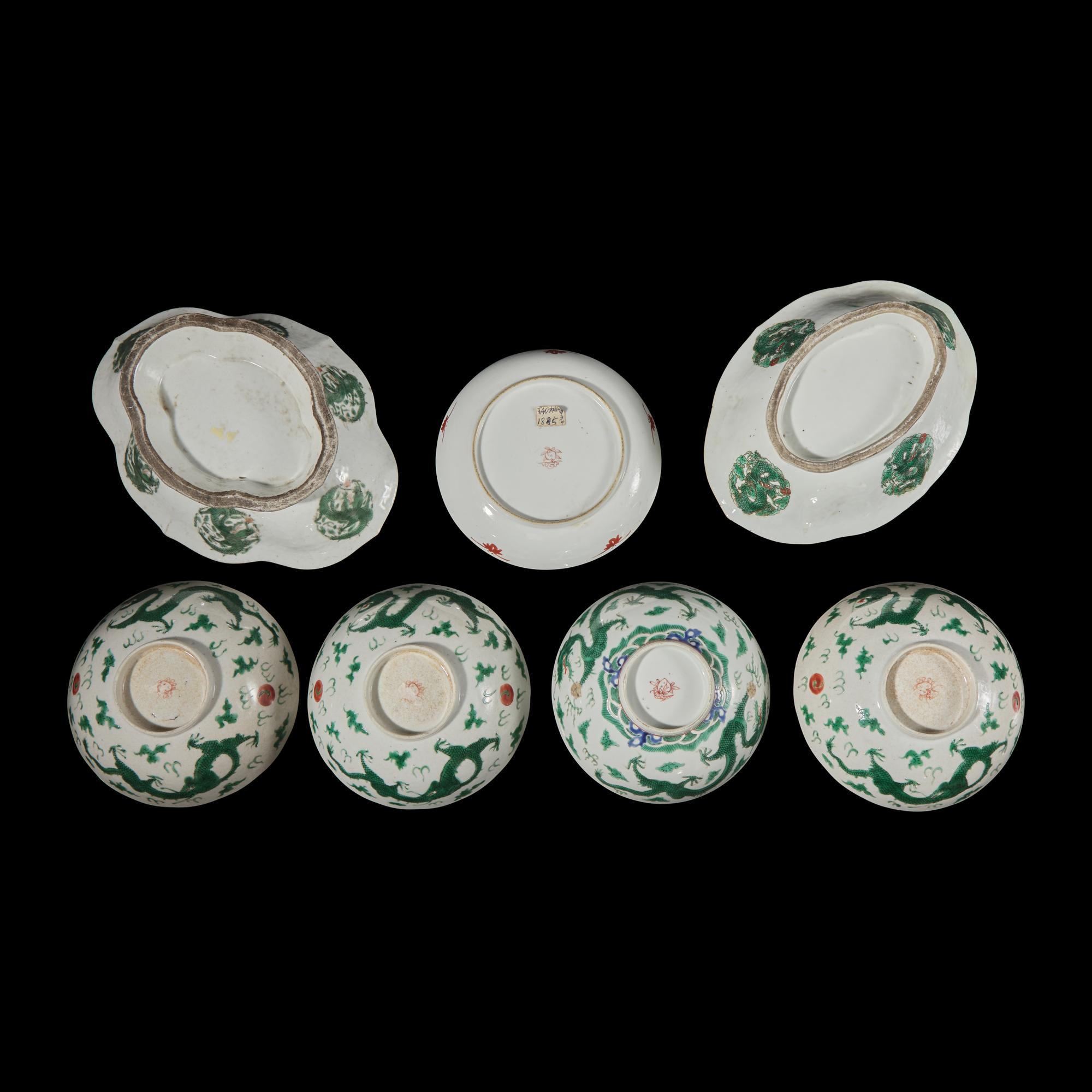Seven Chinese Green Enameled Porcelain 'Dragon' Wares 綠彩龍紋瓷一組七件