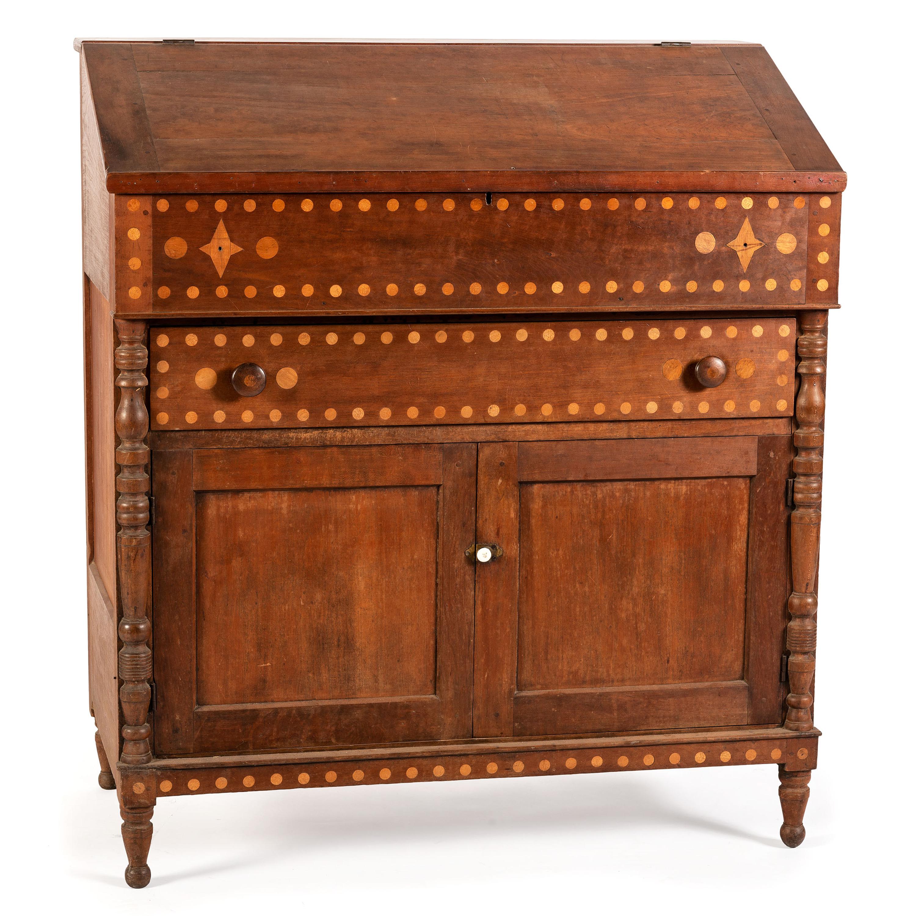 An Ohio Mennonite Inlaid Walnut and Cherrywood Slant Front Desk and Cupboard