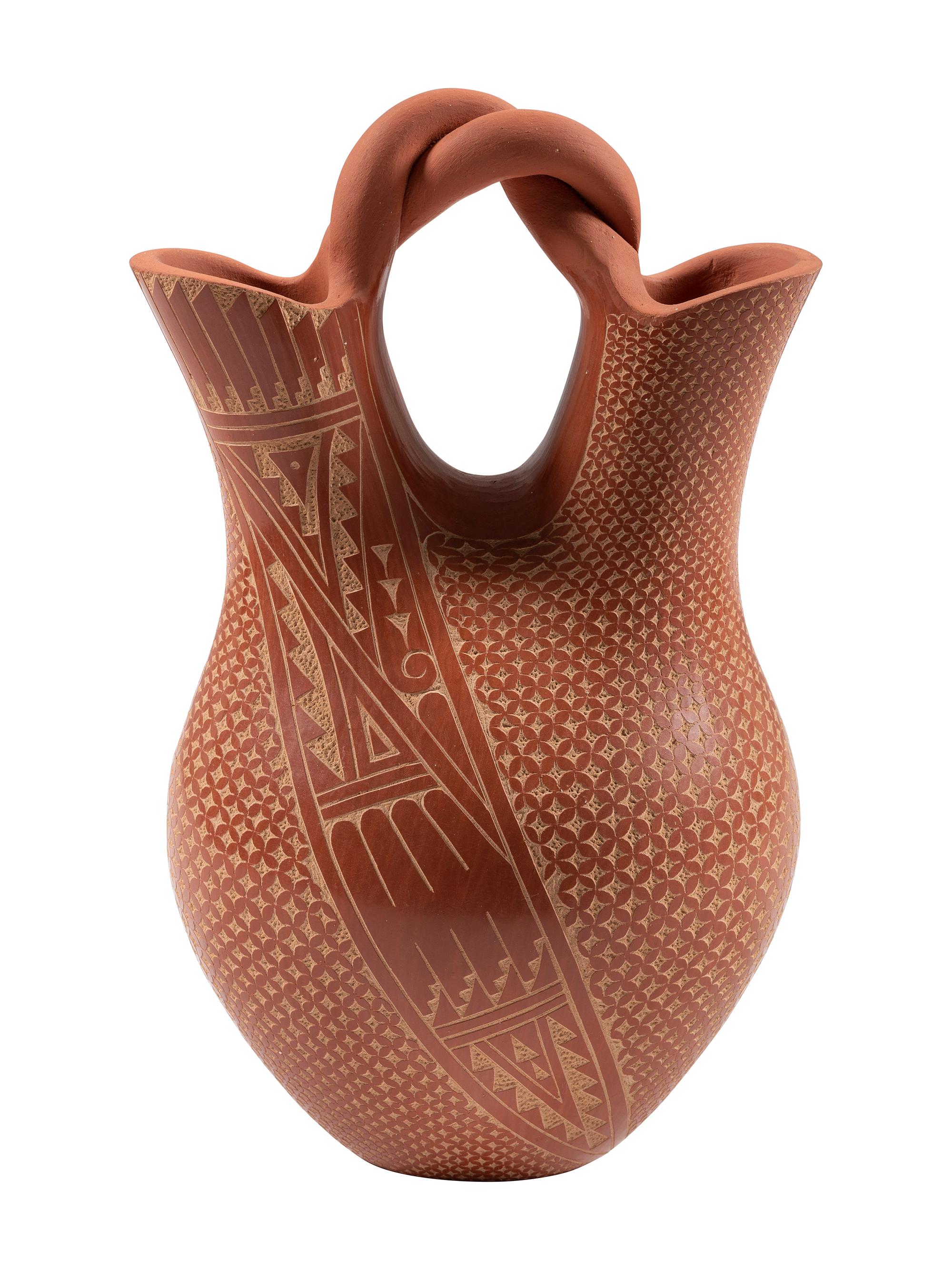 Sgraffito Pottery Wedding Vase, with Twisted Handle