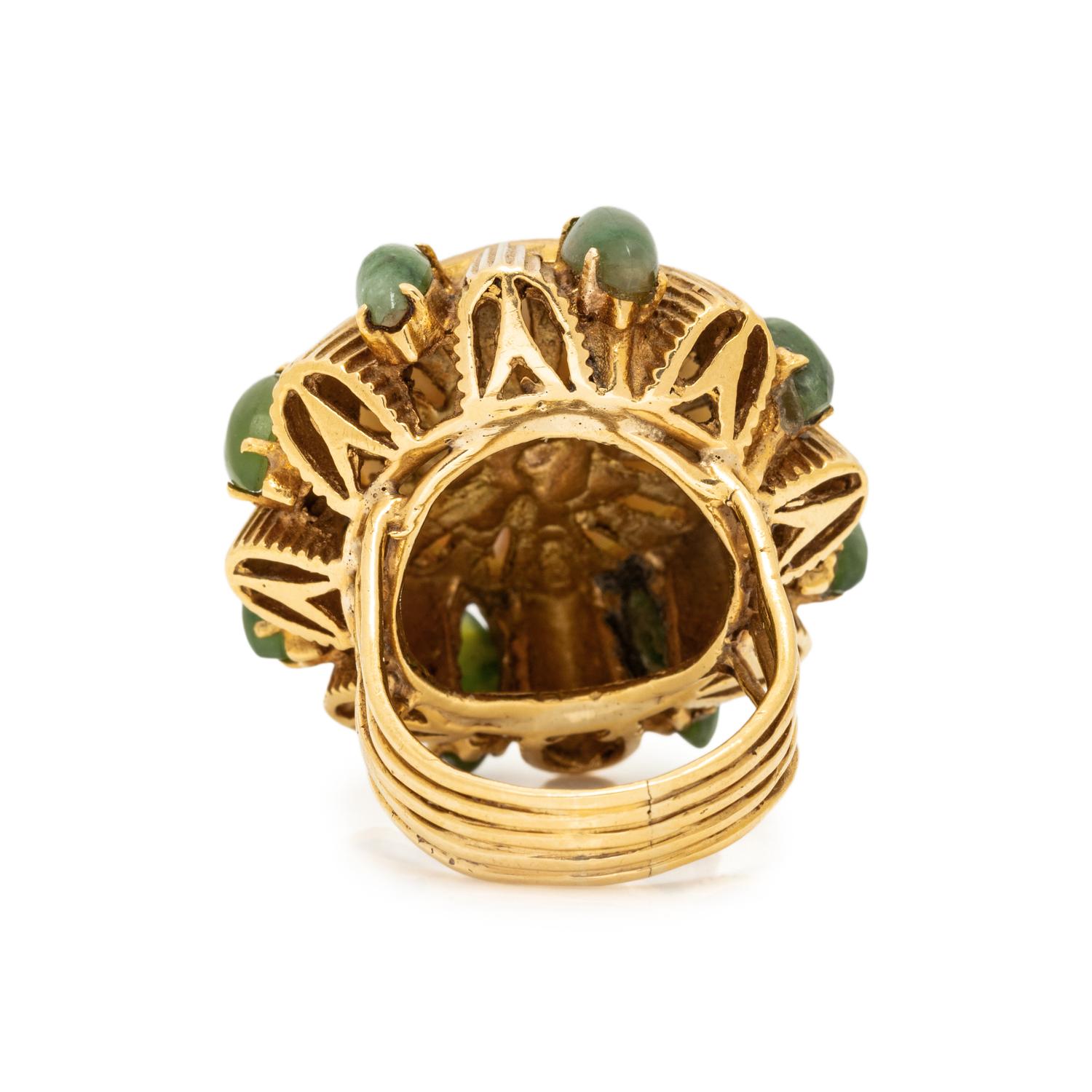 YELLOW GOLD, CULTURED MABE PEARL AND JADE RING