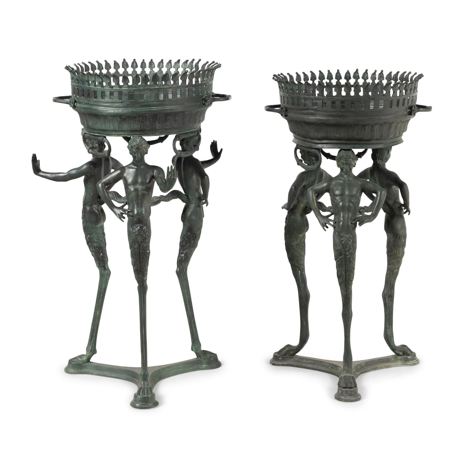 Two Italian Green Patinated Bronze Tripod Athéniennes