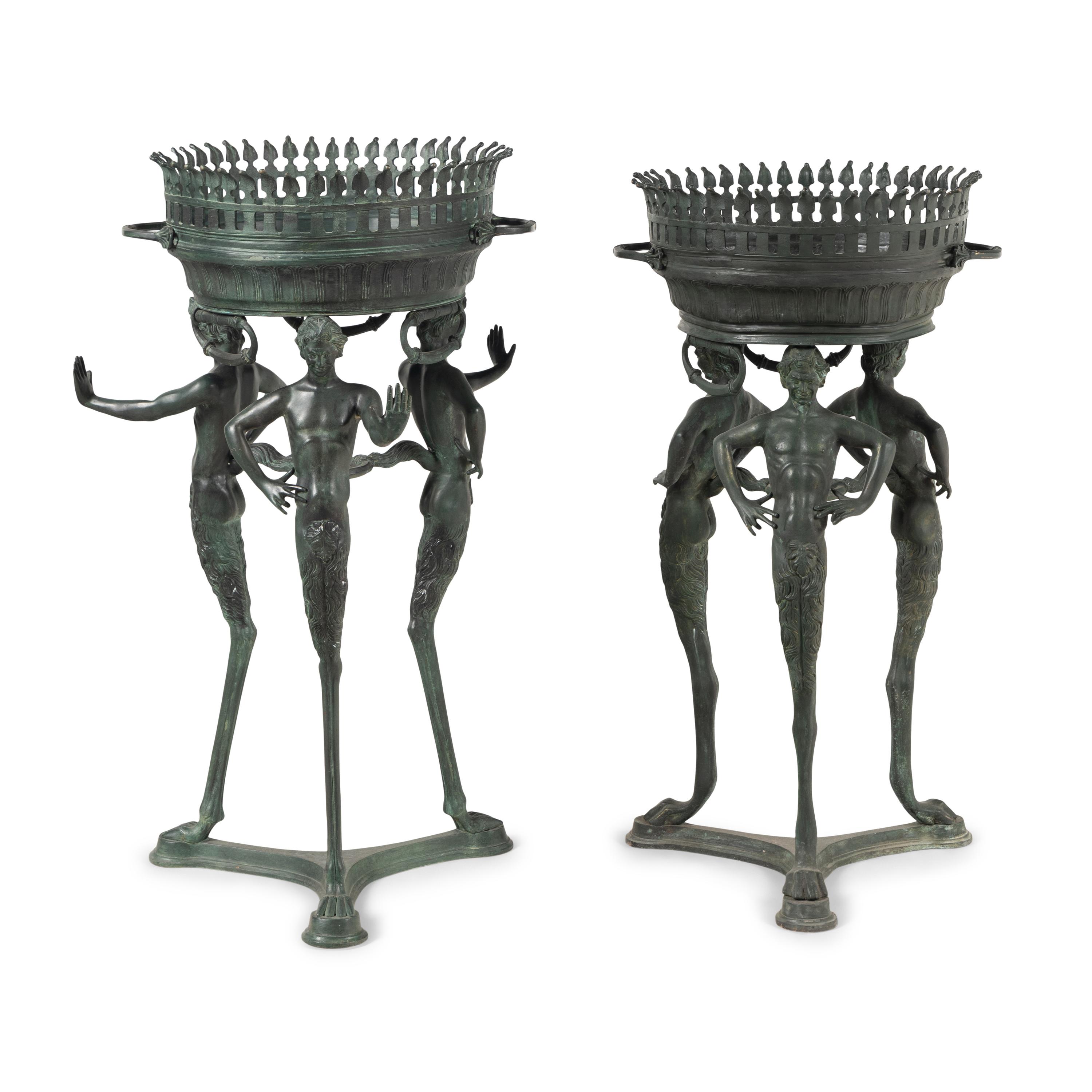 Two Italian Green Patinated Bronze Tripod Athéniennes
