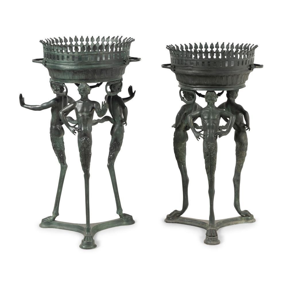 Two Italian Green Patinated Bronze Tripod Athéniennes