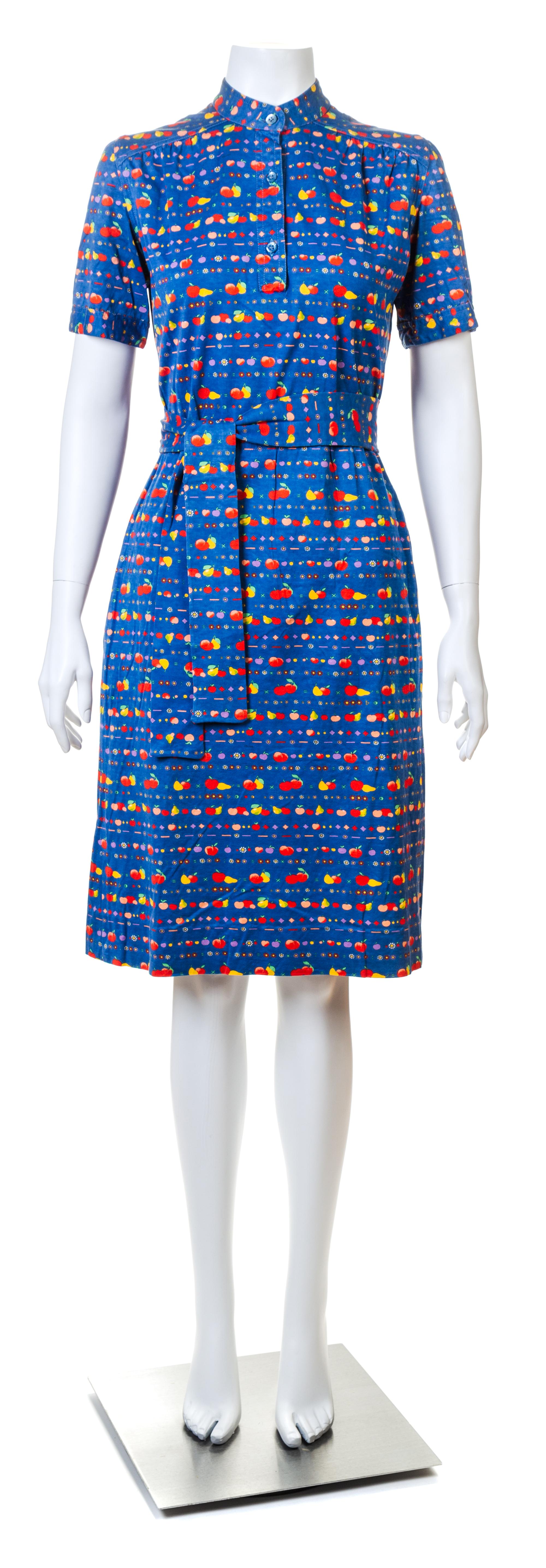 A Celine Blue Cotton Fruit Print Dress, Size 40; Self tie: 56.5" x 2.25".