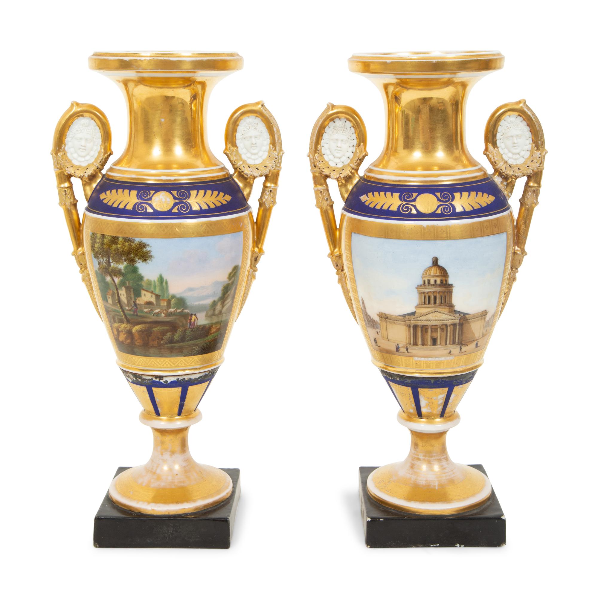 A Pair of Paris Porcelain Urns with Bisque Portrait Medallions