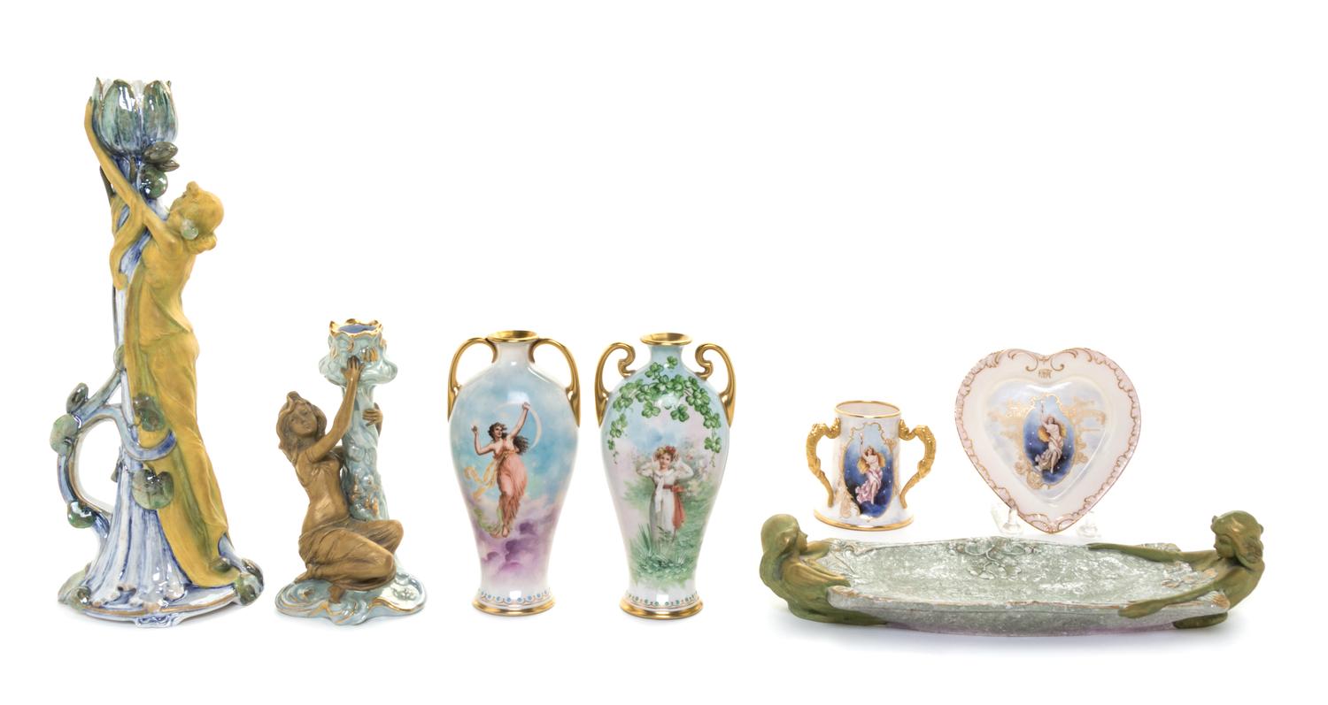 A Group of Seven Porcelain Articles Height of tallest 11 1/2 inches.