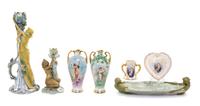 A Group of Seven Porcelain Articles Height of tallest 11 1/2 inches.