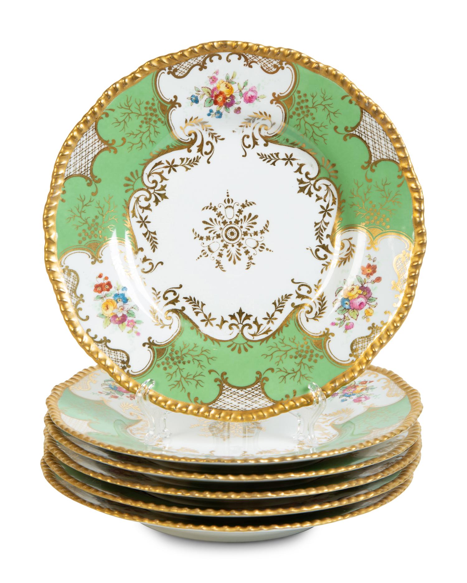A Set of Six Coalport Panel Green Porcelain Plates — EARLY 20TH CENTURY