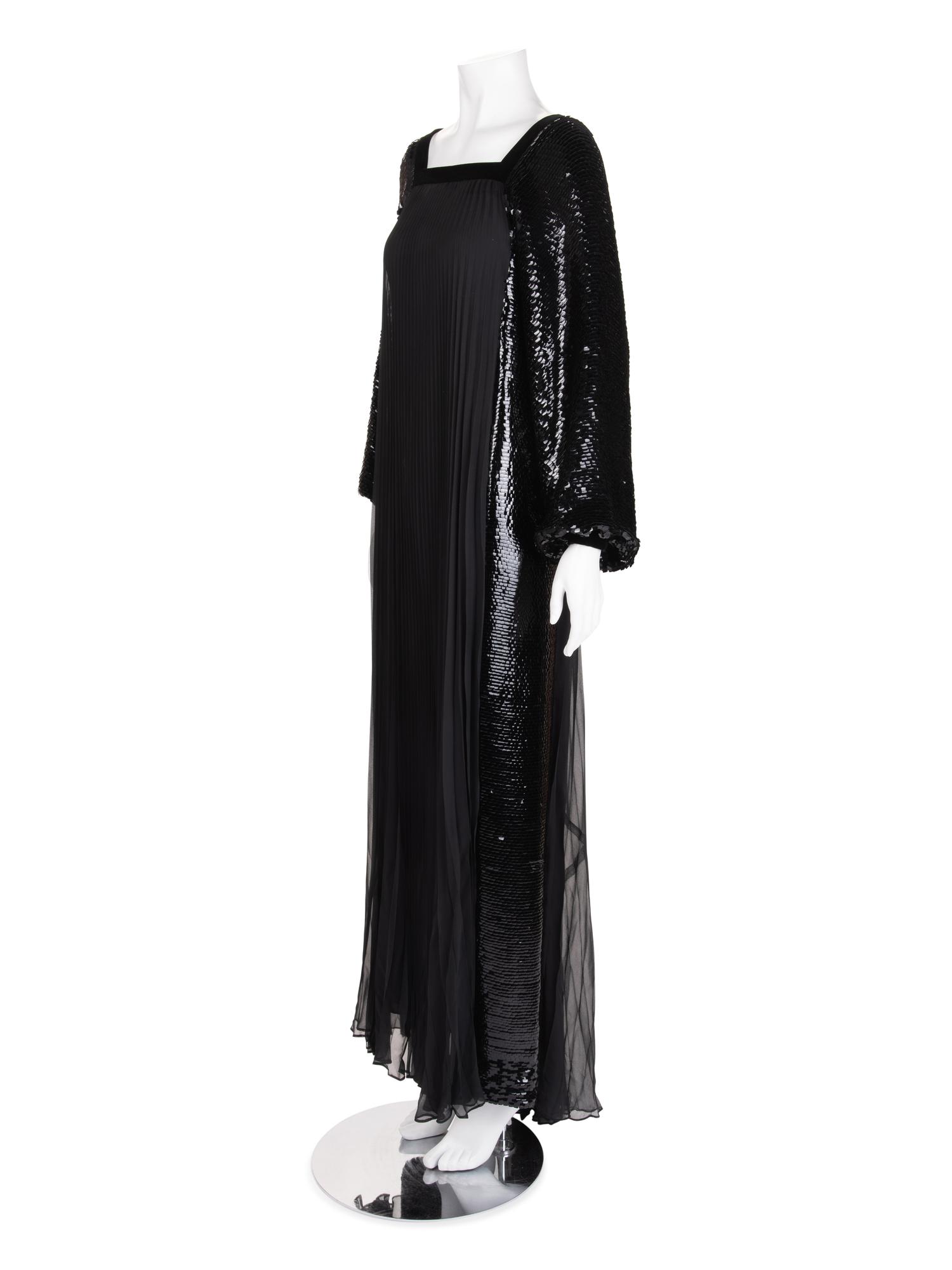 Givenchy Haute Couture Pleated Silk Gown with Sequin Sleeves and Side Panels, c. 1977