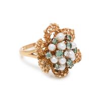 YELLOW GOLD, IRRADIATED BLUE DIAMOND, DIAMOND AND PEARL RING