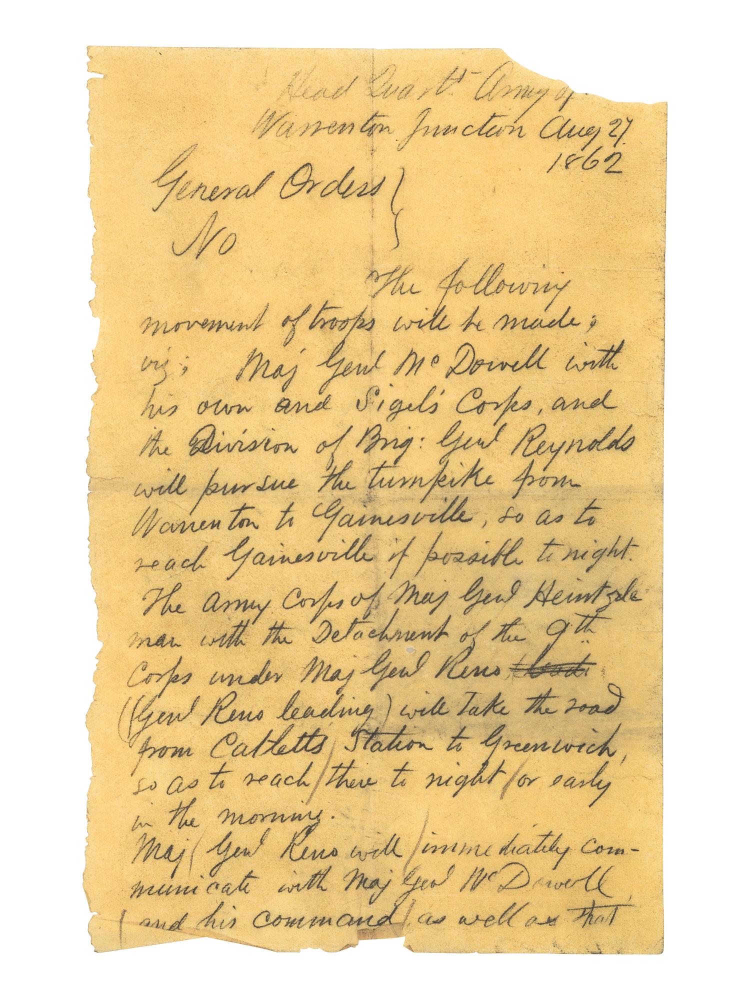 [CIVIL WAR]. Contemporary carbon copy of General Orders issued by Maj. Gen. Pope relating to the Second Battle of Bull Run, signed by George D. Ruggles as Colonel and Chief of Staff. Warrenton Junction [VA], 27 August 1862.