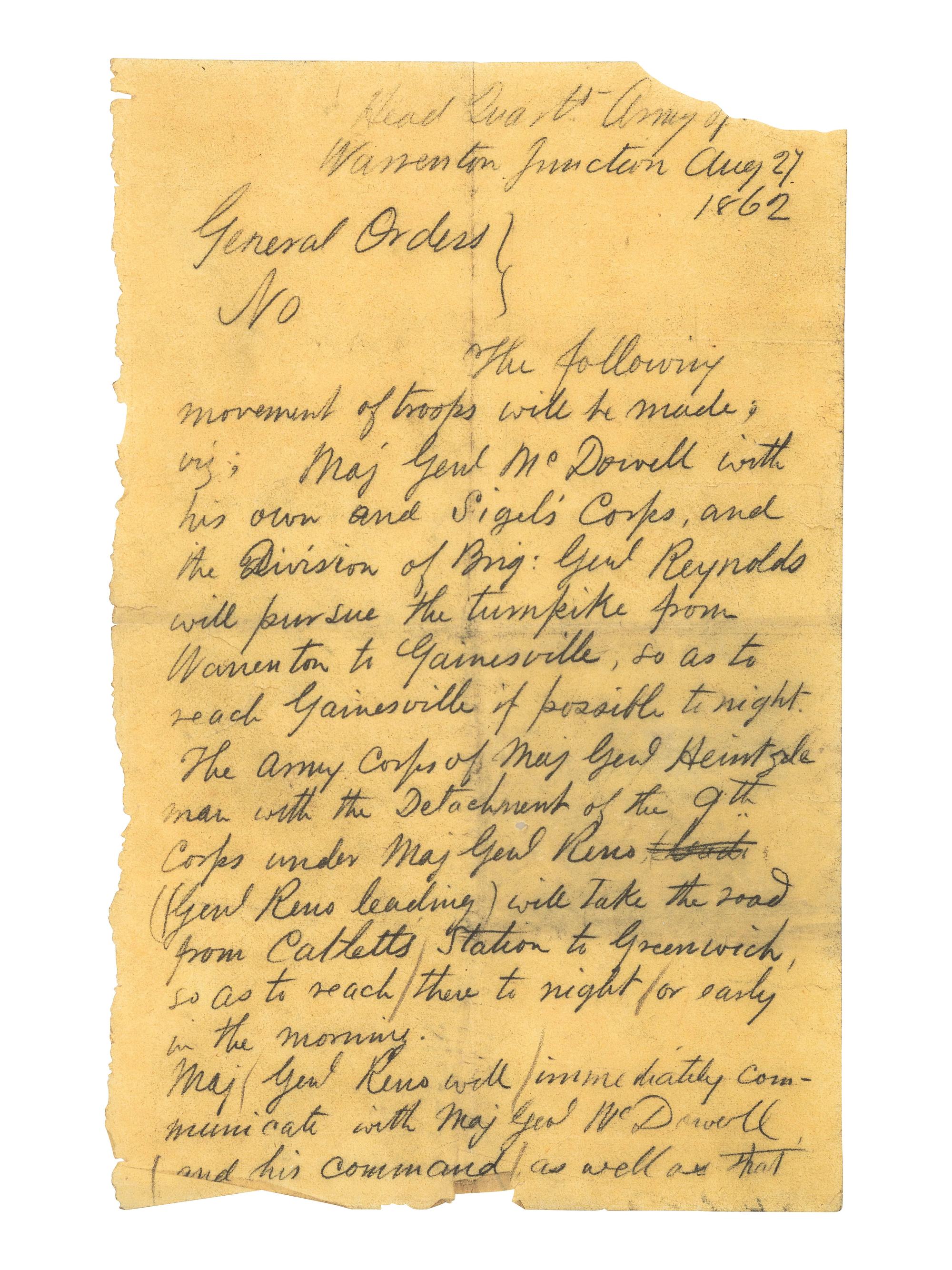[CIVIL WAR]. Contemporary carbon copy of General Orders issued by Maj. Gen. Pope relating to the Second Battle of Bull Run, signed by George D. Ruggles as Colonel and Chief of Staff. Warrenton Junction [VA], 27 August 1862.