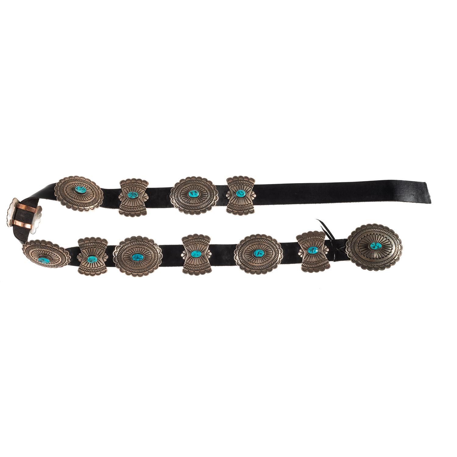 Navajo Stamped Sterling and Turquoise Concha Belt