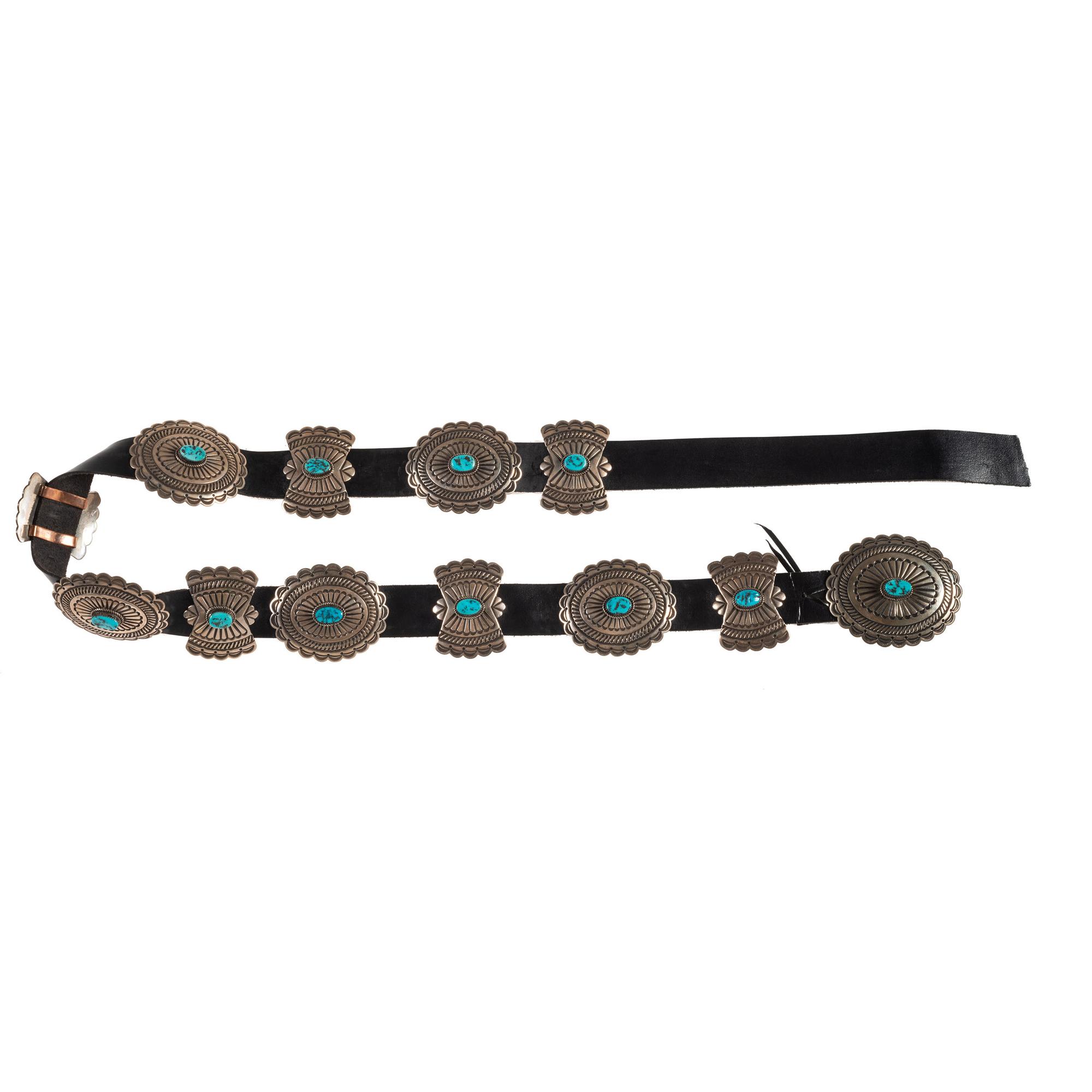 Navajo Stamped Sterling and Turquoise Concha Belt