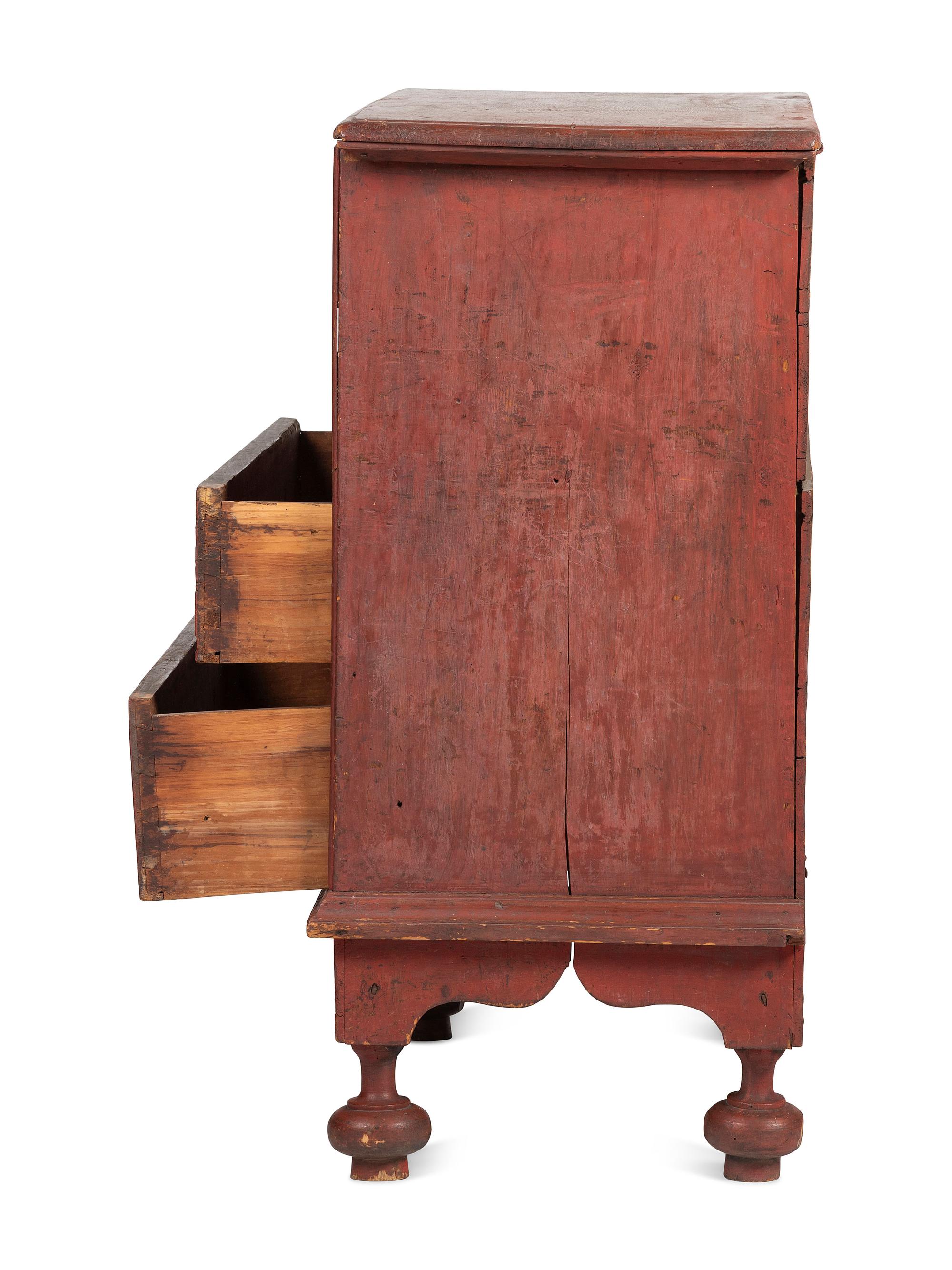 A William and Mary Red Painted Pine Two-Drawer Blanket or Mule Chest