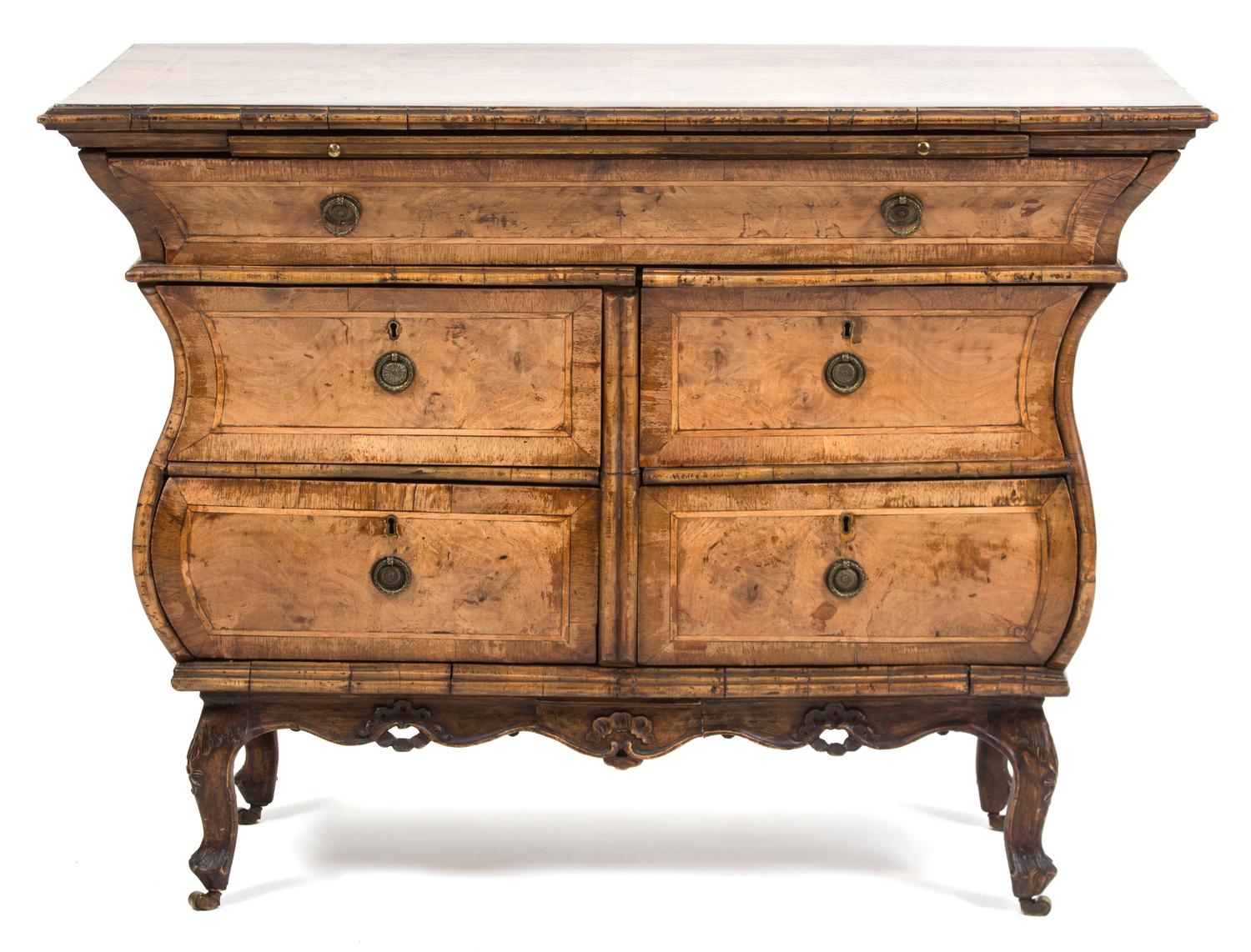 A Continental Inlaid Burl Walnut Bombe Commode Height 29 1/2 x width 39 1/2 x depth 22 1/4 inches. — LATE 18TH/EARLY 19TH CENTURY