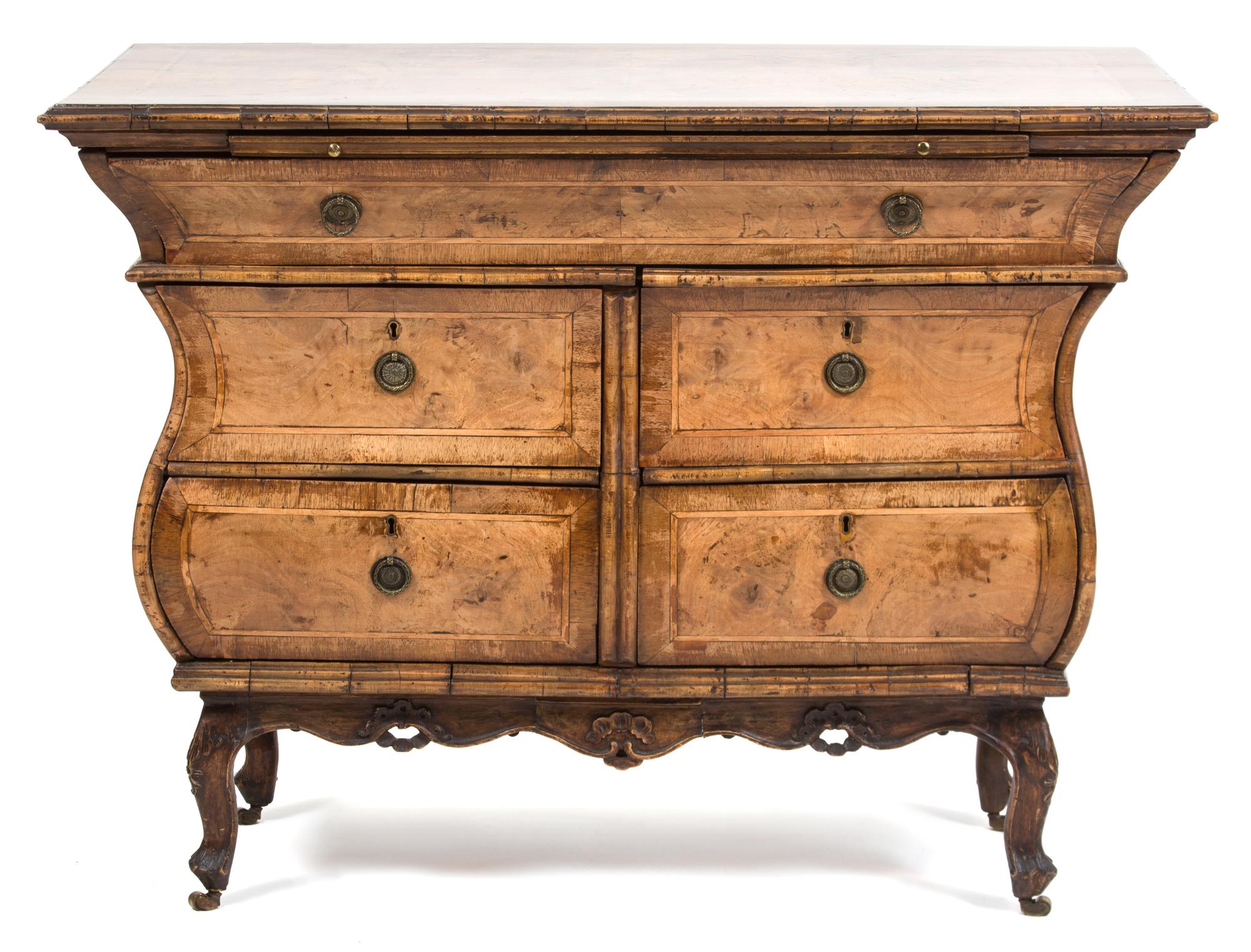 A Continental Inlaid Burl Walnut Bombe Commode Height 29 1/2 x width 39 1/2 x depth 22 1/4 inches. — LATE 18TH/EARLY 19TH CENTURY