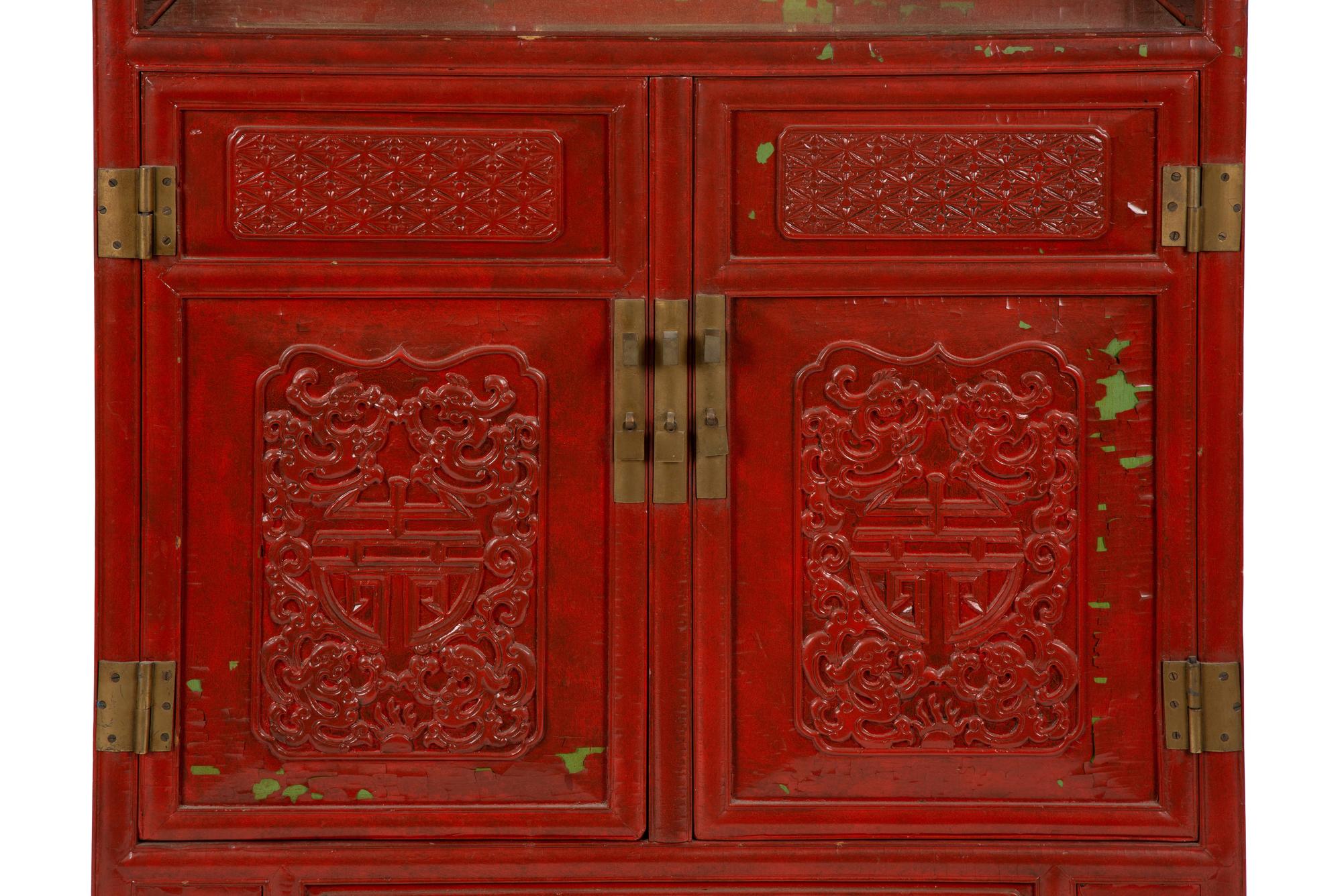 A Chinese Style Carved and Painted Cabinet on Chest — 20TH CENTURY
