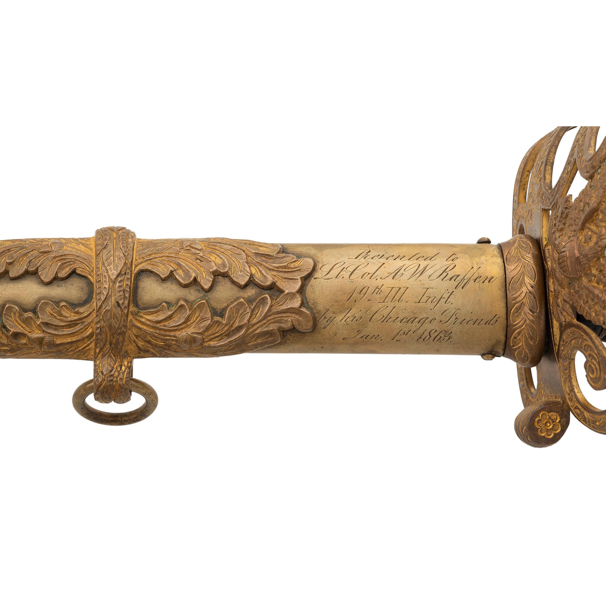 Non-Regulation Import Staff & Field Officers Sword Inscribed to Lt. Col. Andrew W. Raffen - 19th Illinois Infantry