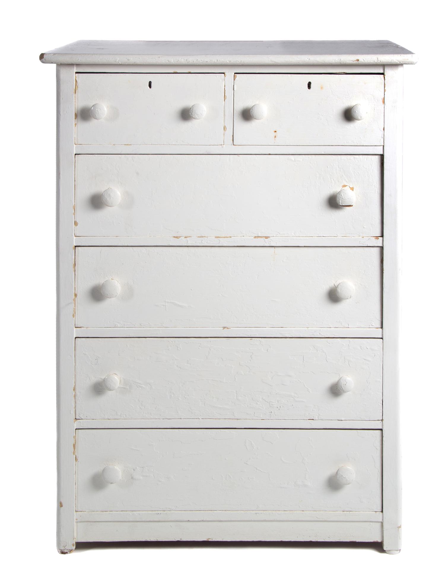 A Group of White Painted Dressers Height of larger 48 1/2 inches x width 34 inches x depth 19 1/4 inches.
