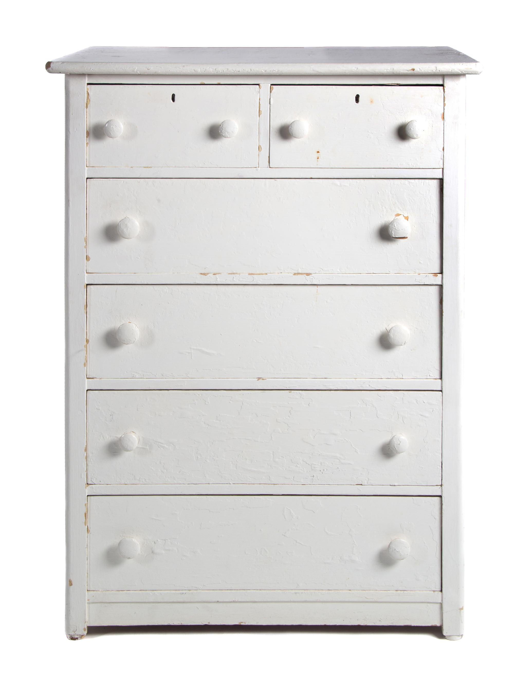 A Group of White Painted Dressers Height of larger 48 1/2 inches x width 34 inches x depth 19 1/4 inches.